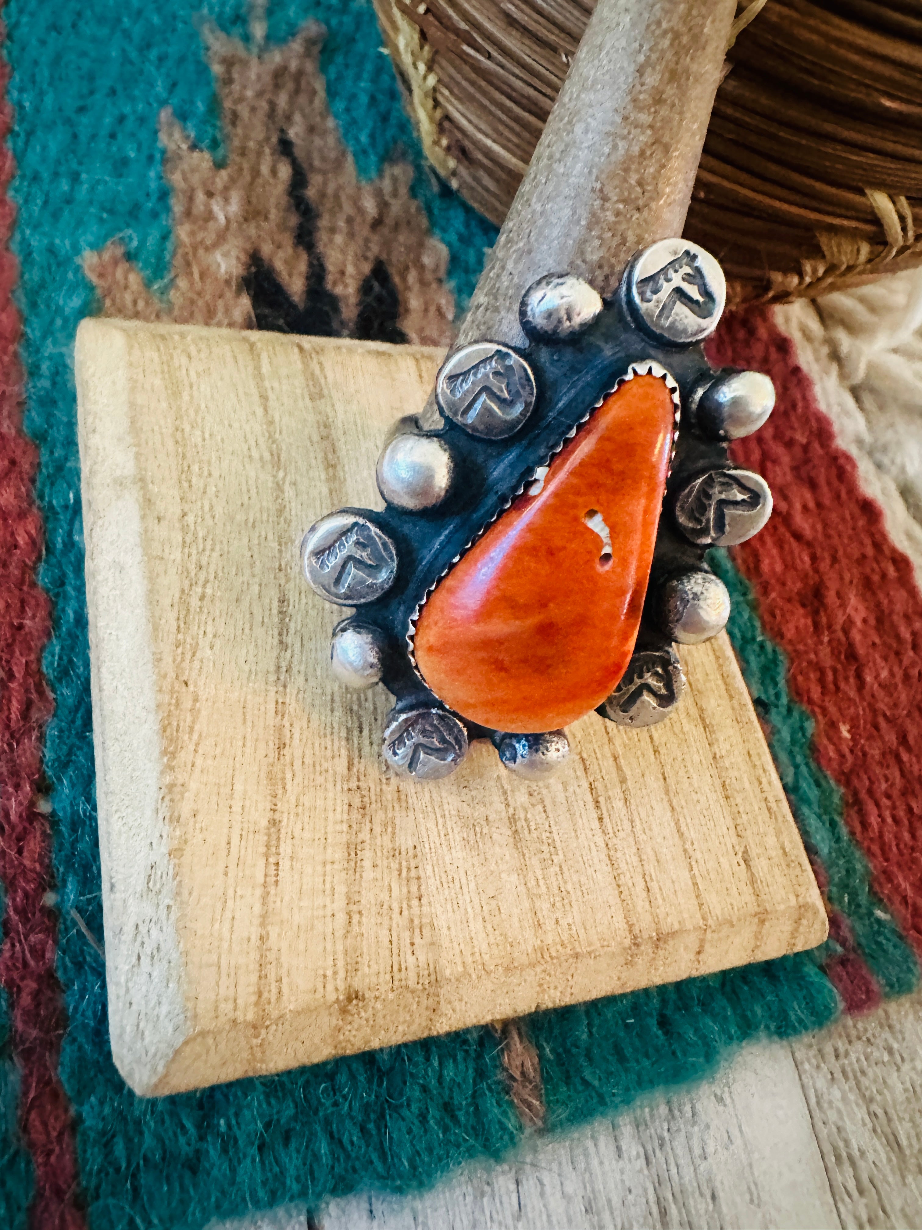 Old Pawn Navajo Sterling Silver & Orange Spiny Ring Size 8.5