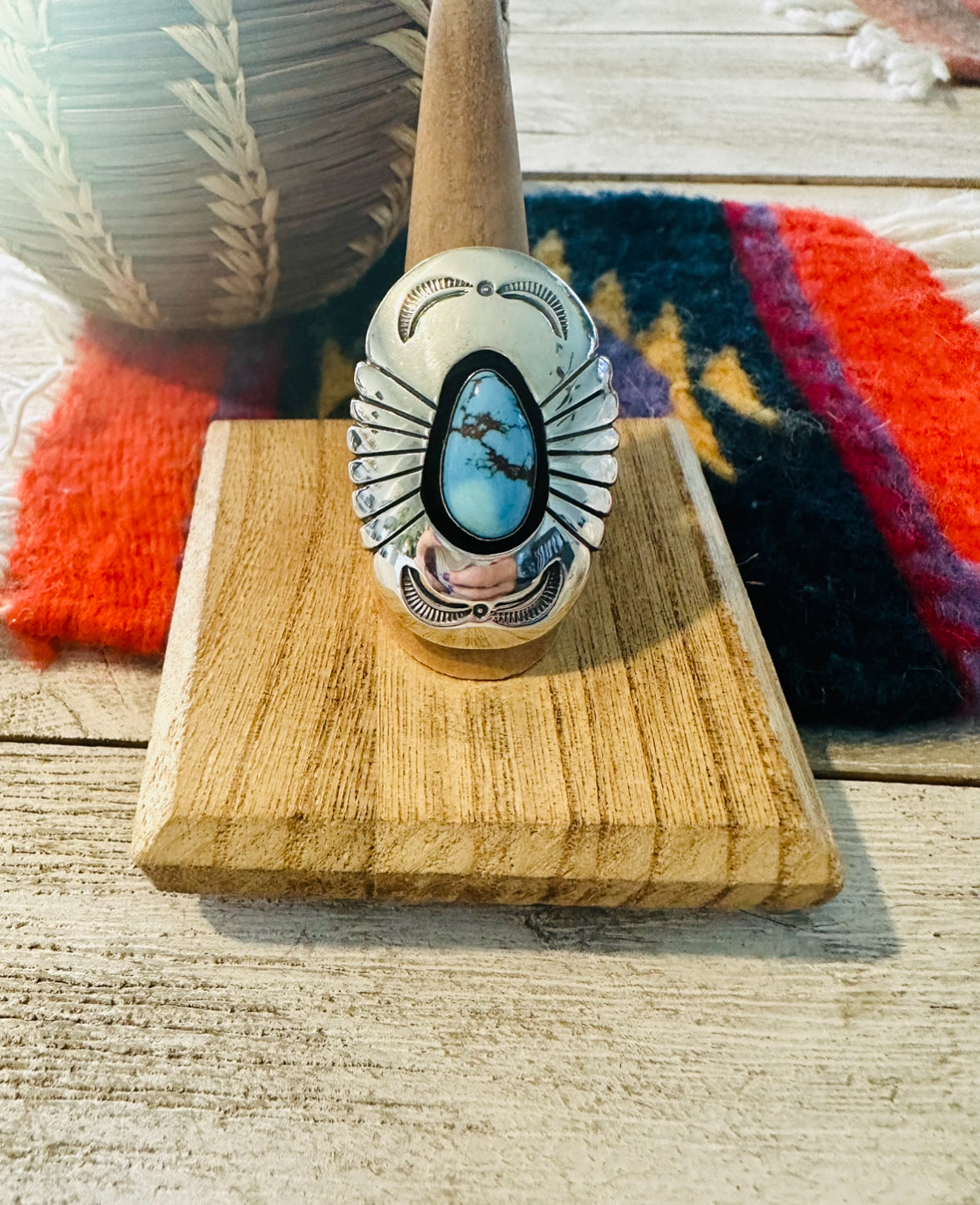 Navajo Golden Hills Turquoise & Sterling Silver Shadowbox Ring Size 8.5