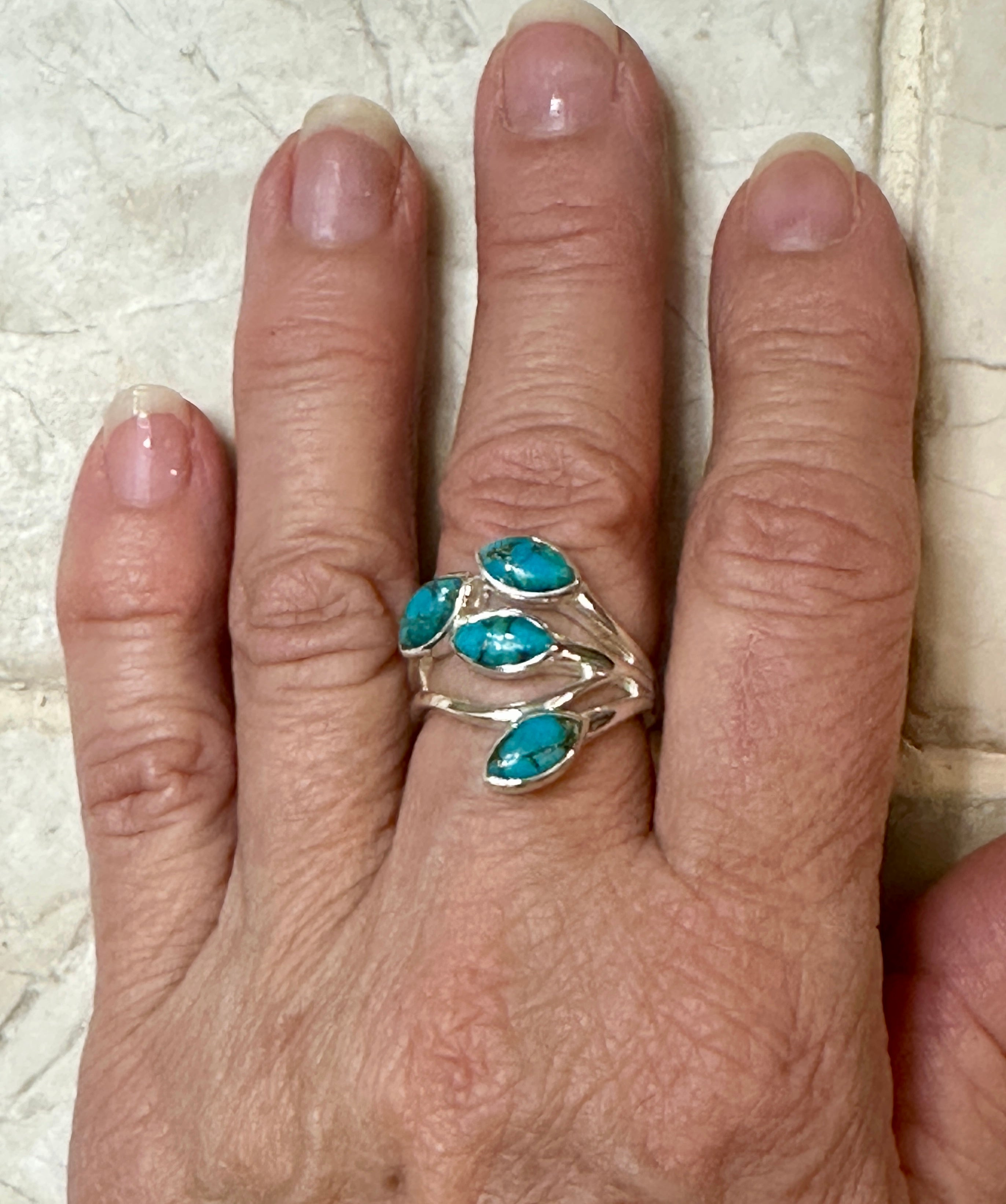 Four Stone Blue Copper Turquoise Sterling Silver Ring Size 7