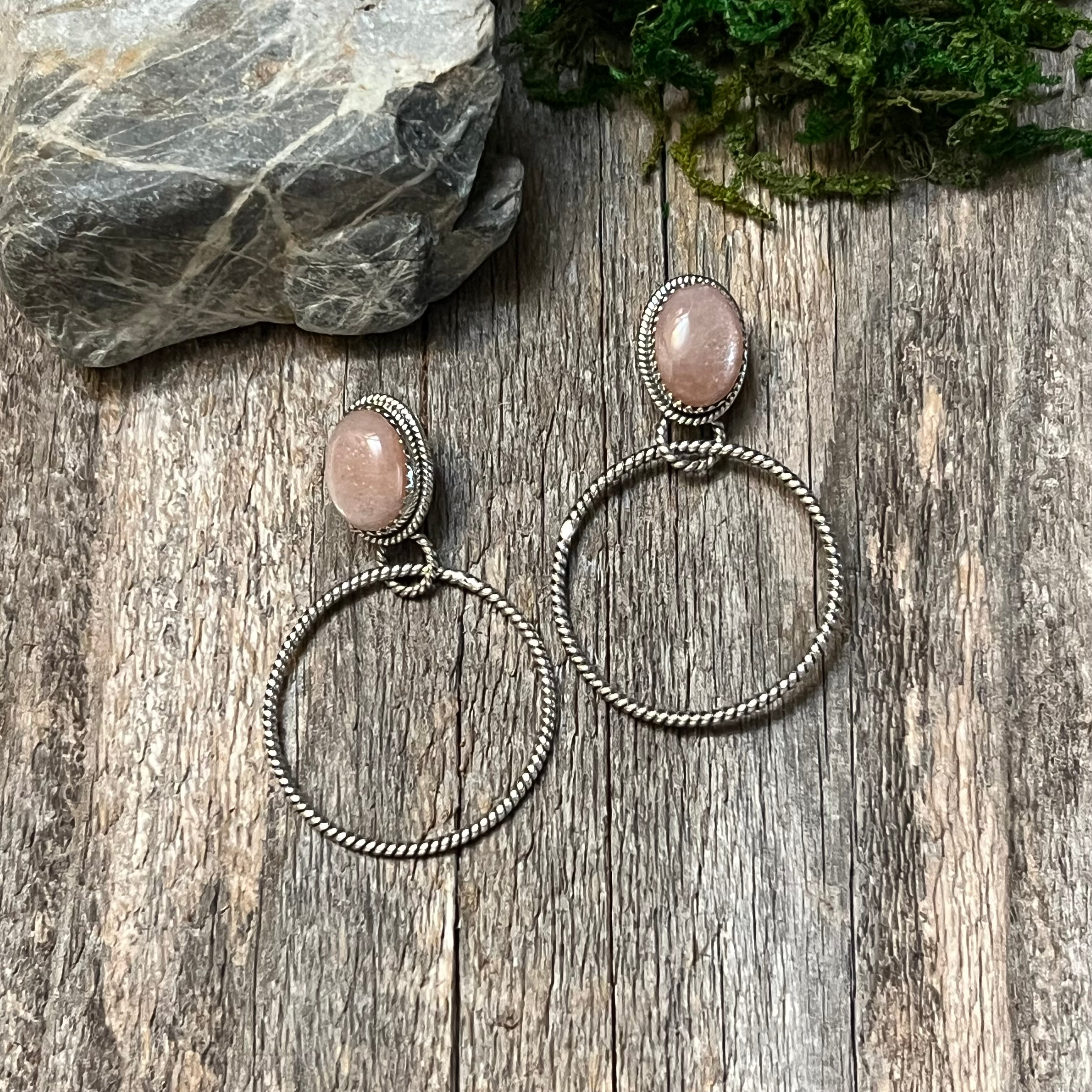 Handmade Pink Opal & Sterling Silver Hoop Earrings