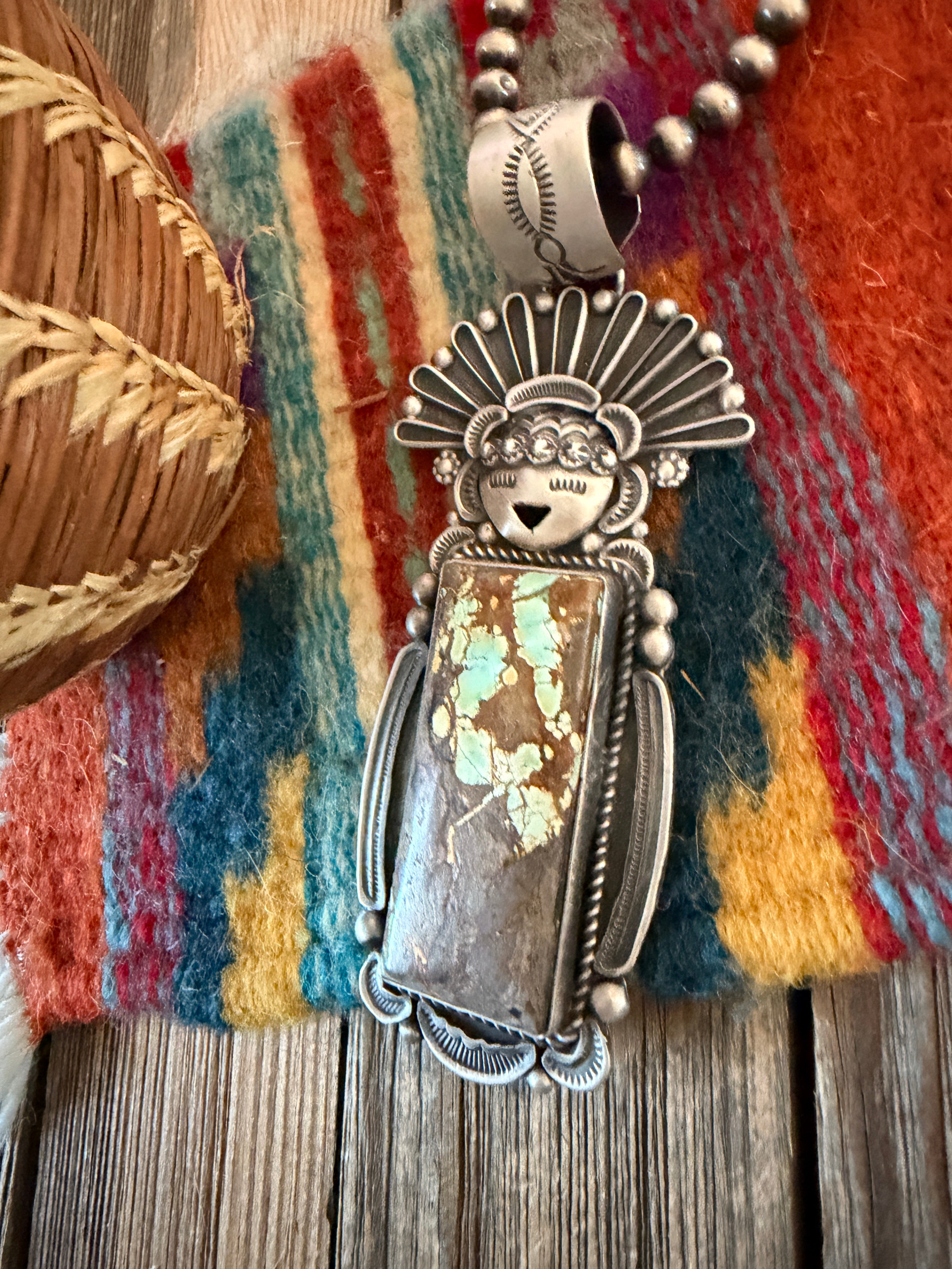 Handcrafted Sterling Silver and Number 8 Turquoise Kachina Pendant by Ronald Tom
