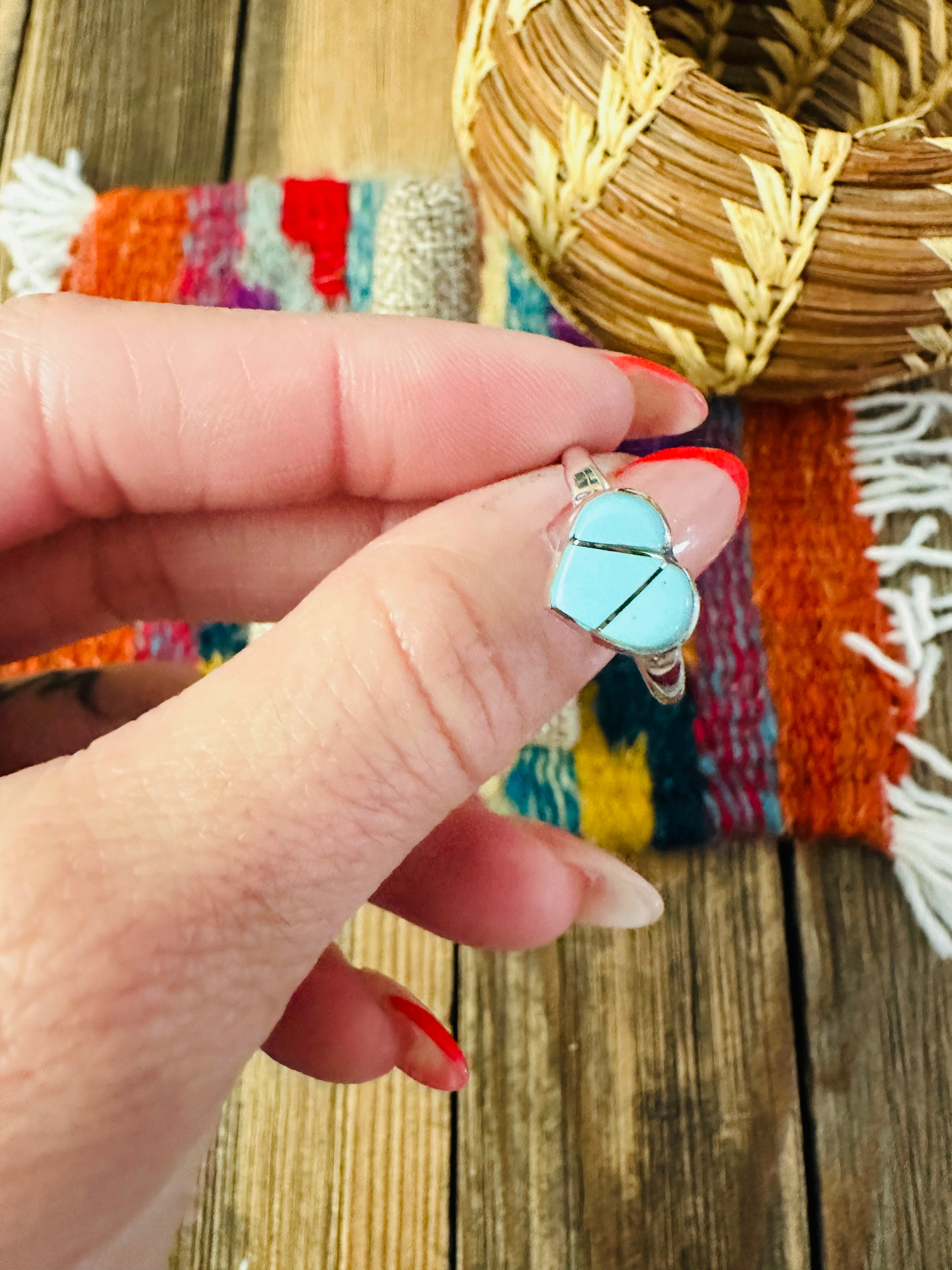 Handcrafted Turquoise & Sterling Silver Inlay Heart Ring Size 7.25