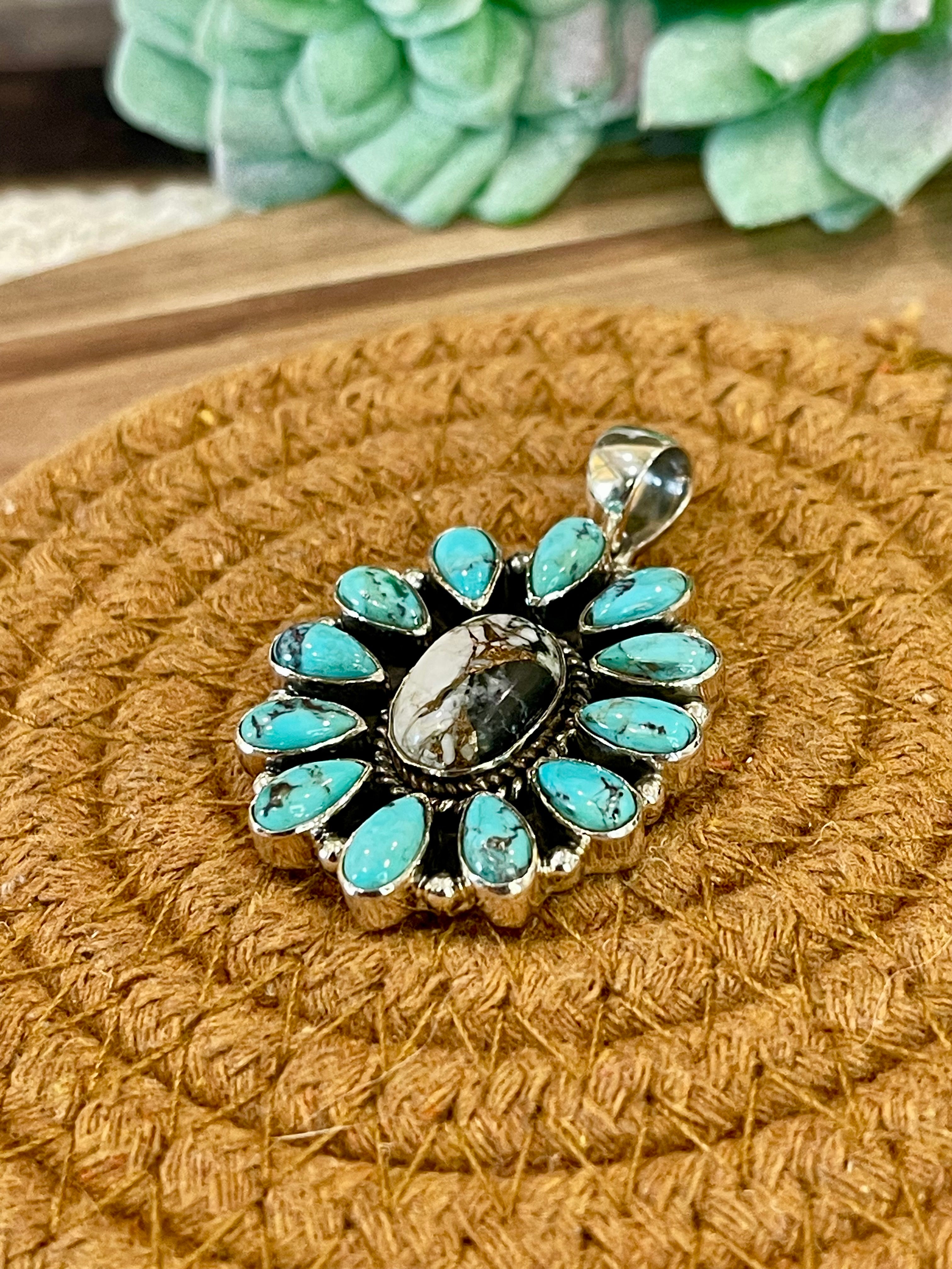Handmade Sterling Silver,Turquoise & White Buffalo Mojave Cluster Pendant