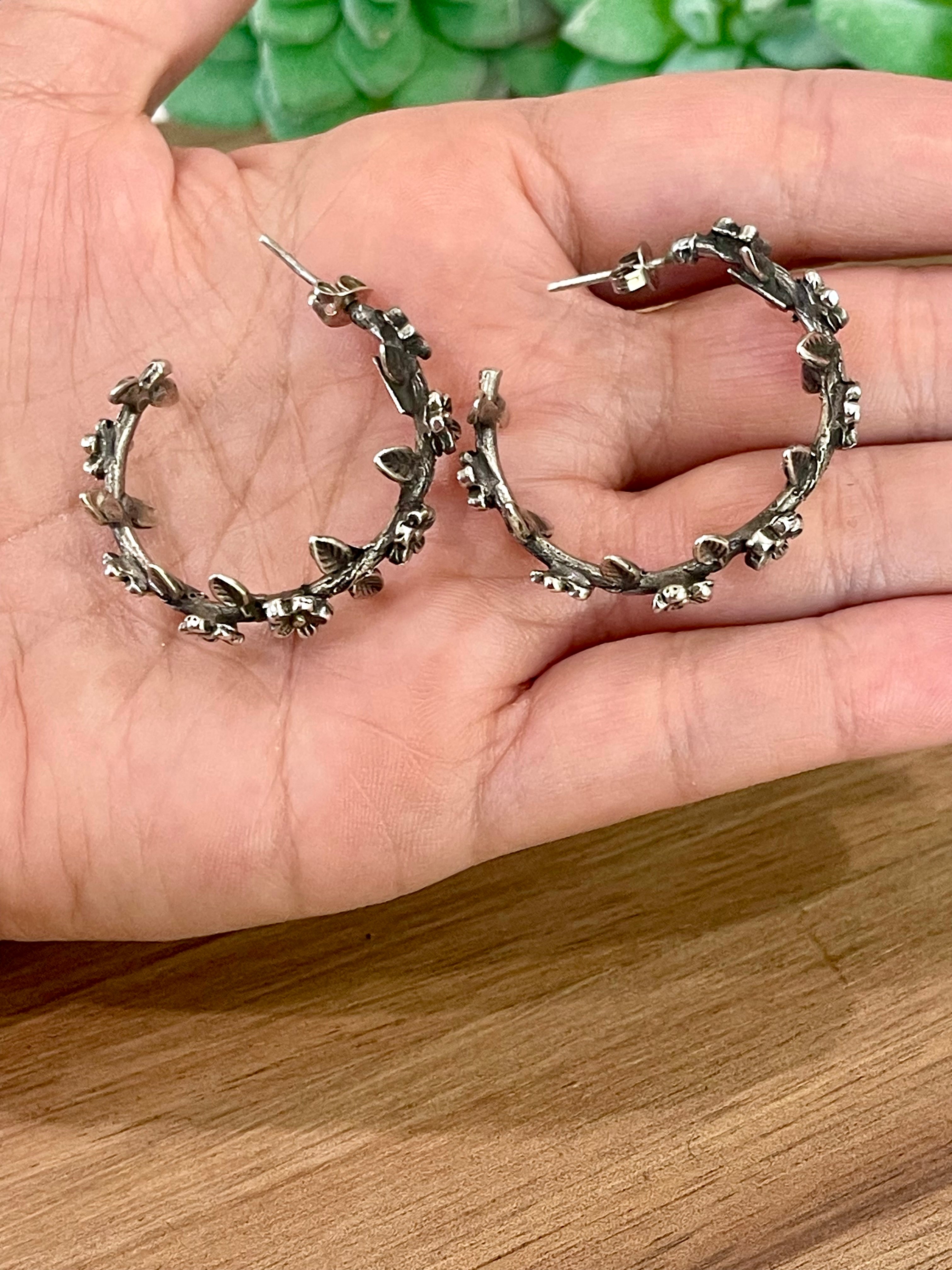 Handmade In Mexico Sterling Silver, Hoop Flower Earrings