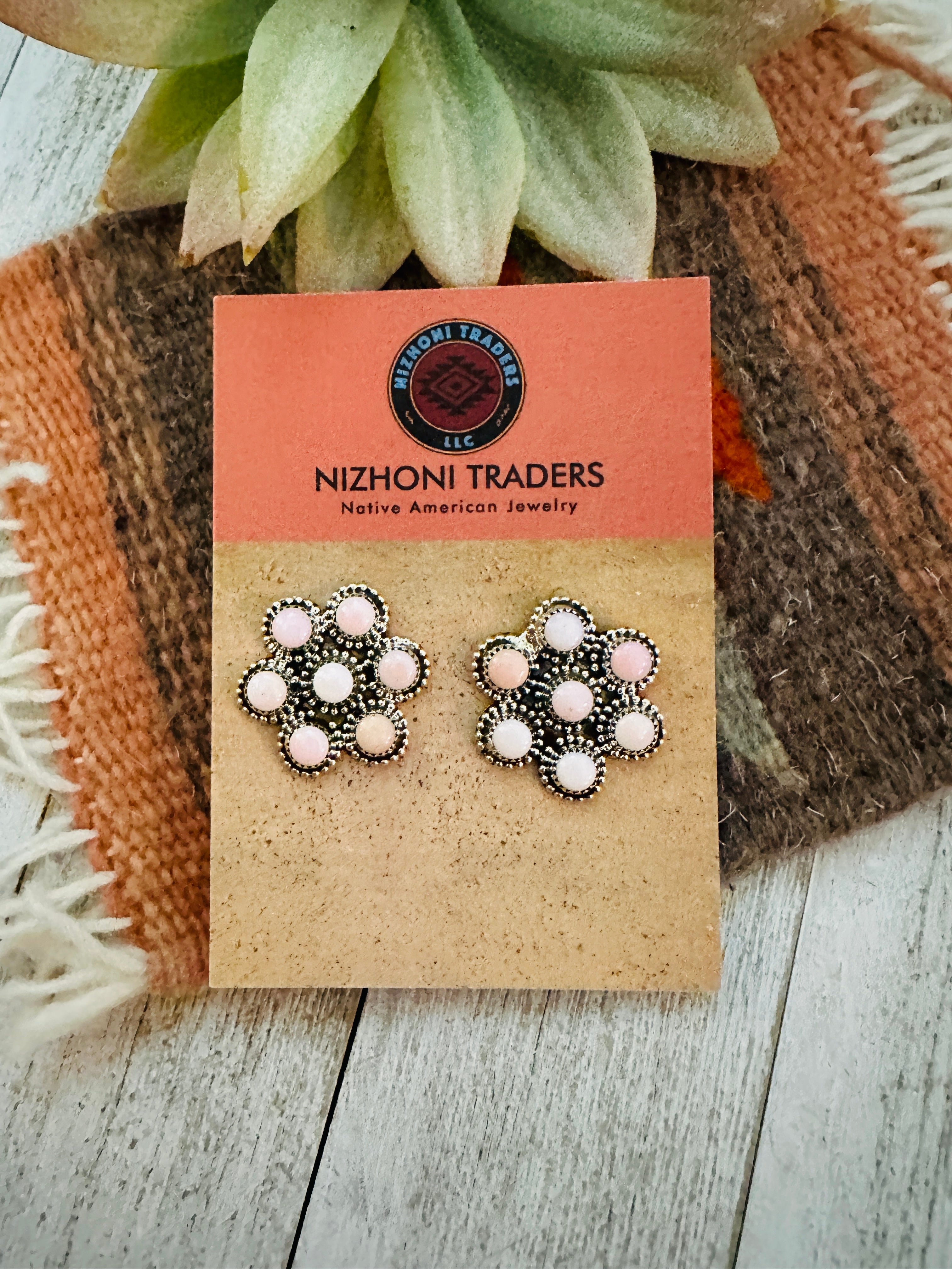 Navajo Sterling Silver & Queen Pink Conch Flower Cluster Earrings