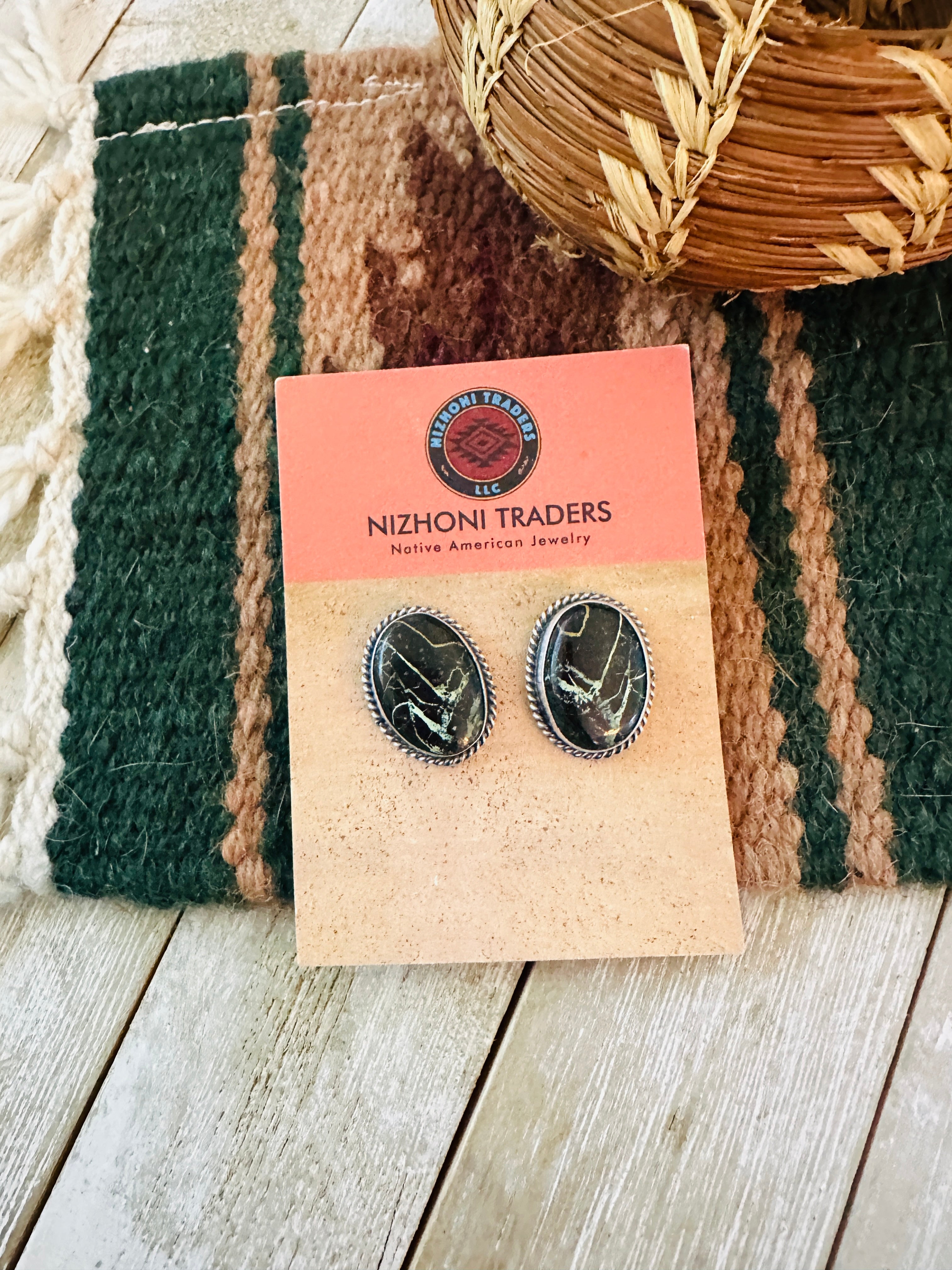 Handcrafted Sterling Silver & Blackjack Turquoise Post Earrings