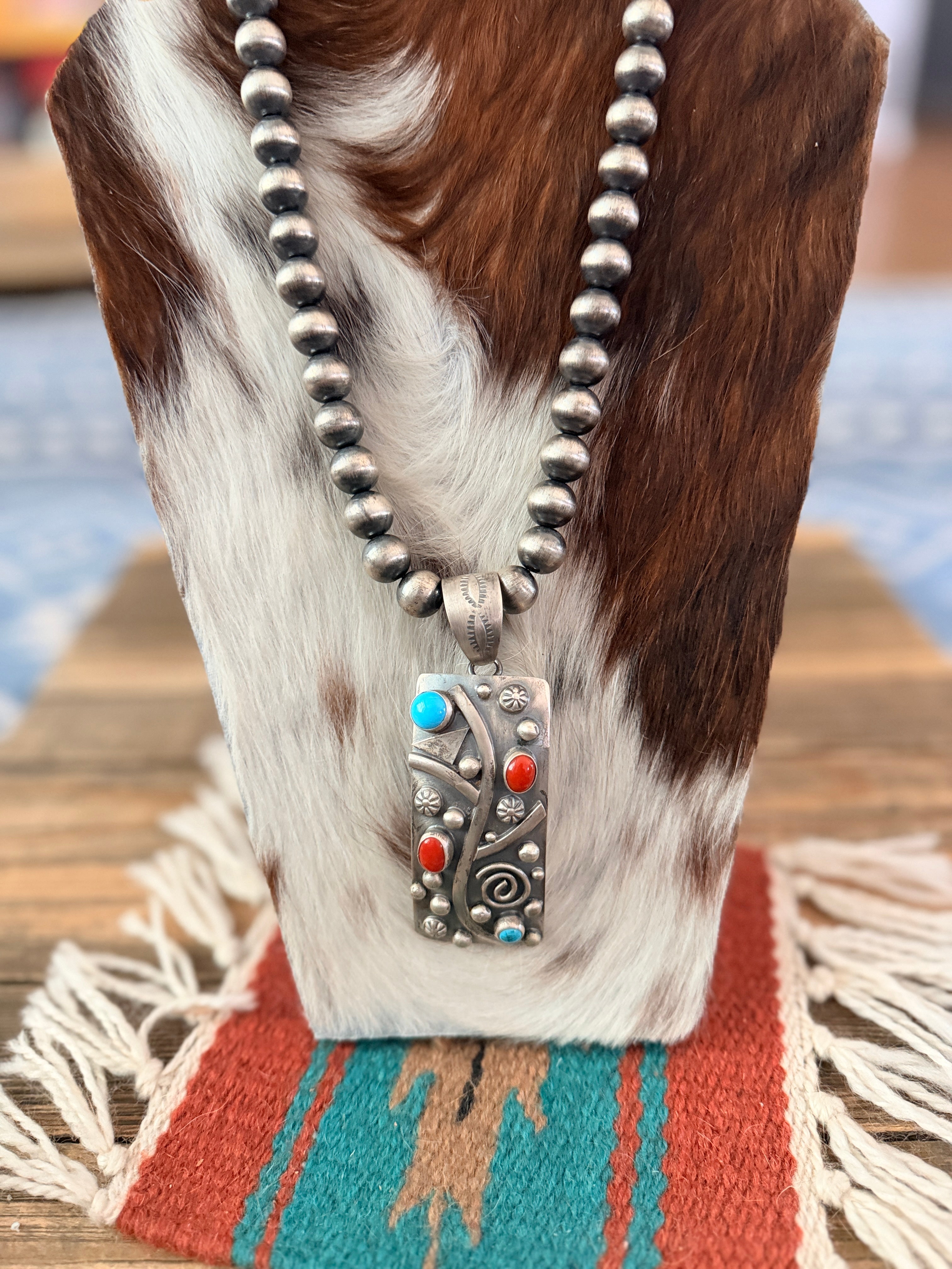Handcrafted Turquoise, Coral & Sterling Silver Beaded Necklace by Debra Smith