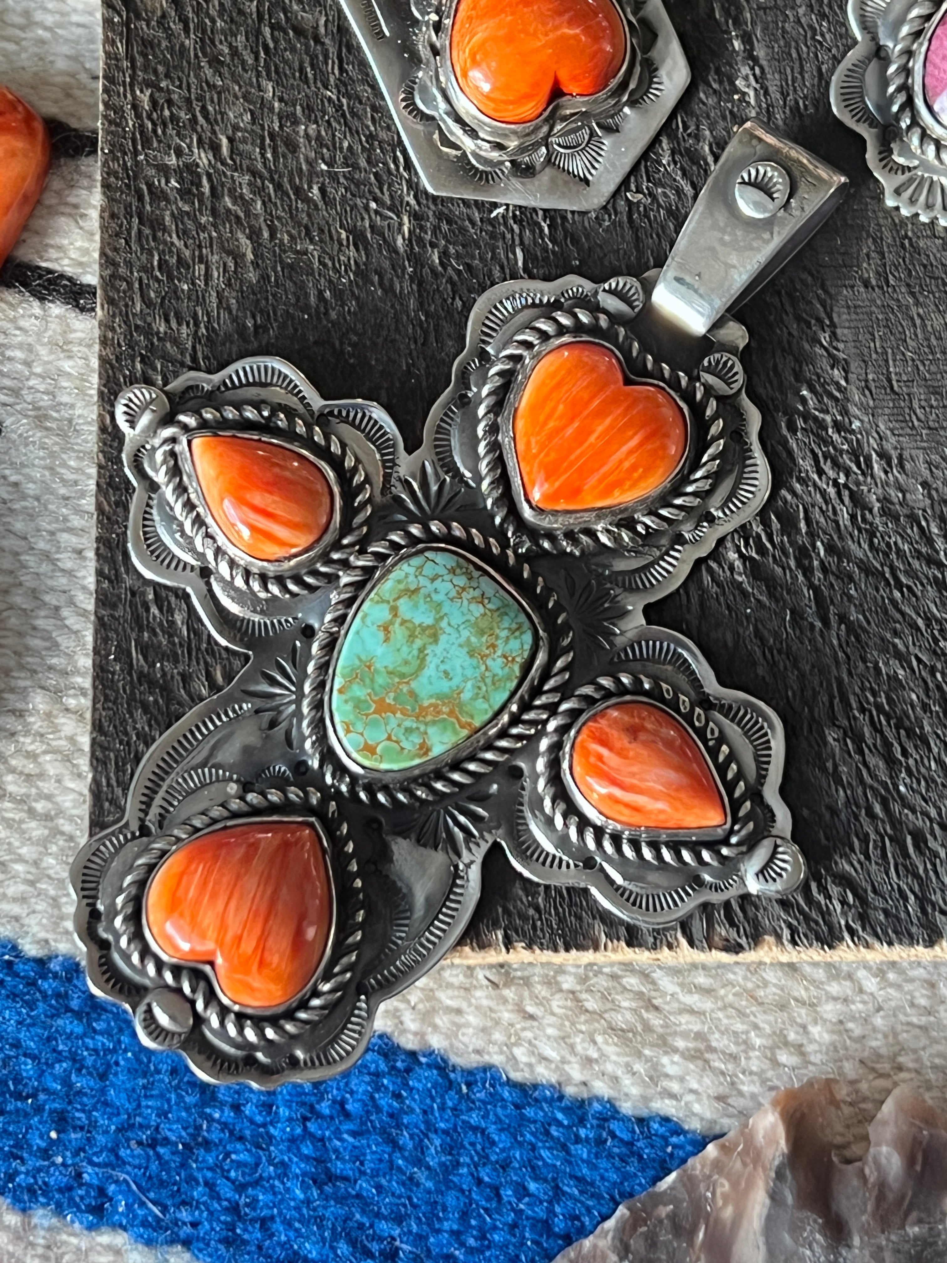 Hand Stamped Sterling Silver, Pilot Mountain Turquoise & Spiny Oyster Cross Pendant by Kimari Somers