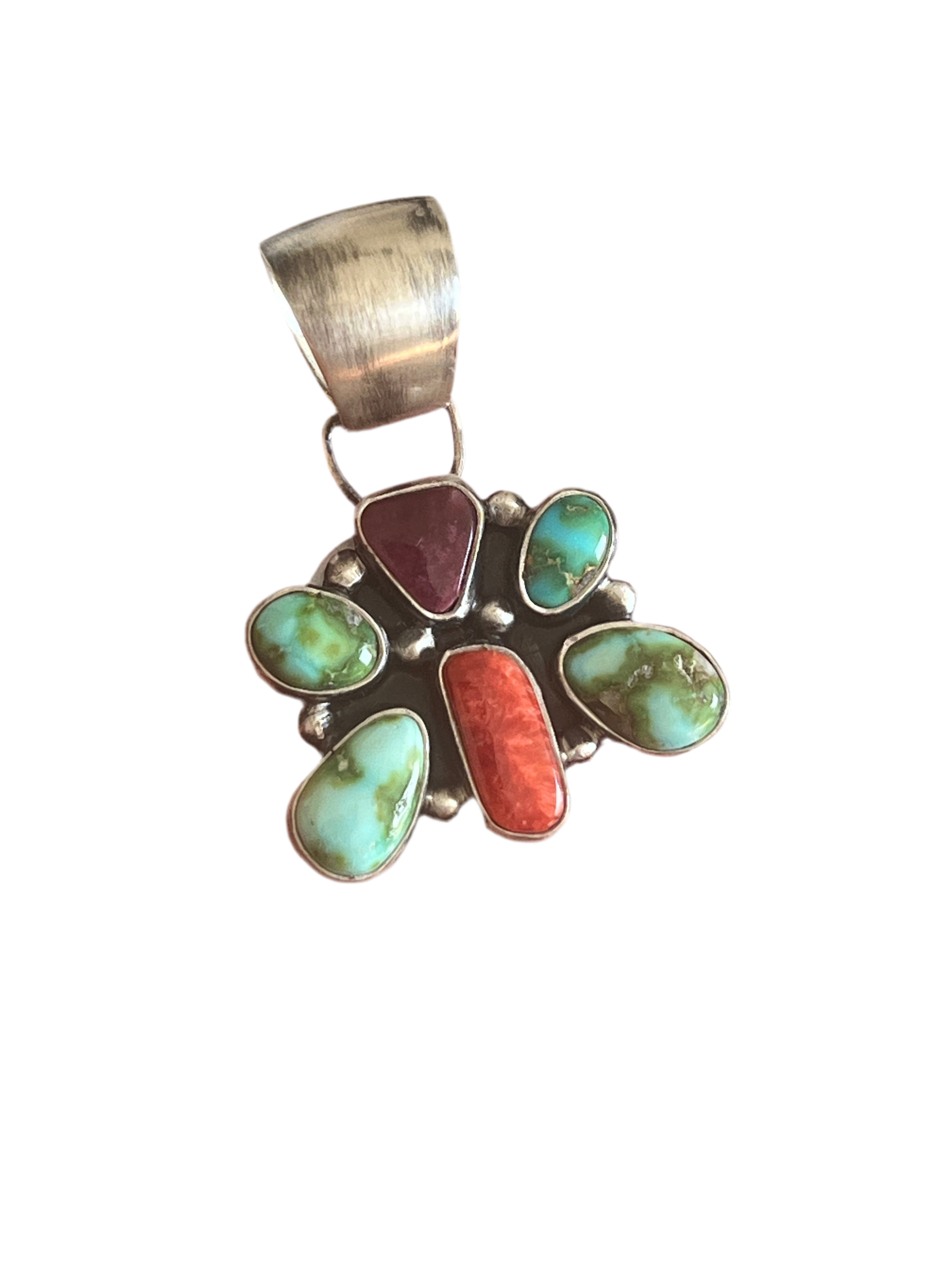 Handcrafted Electric Rainbow Turquoise and Spiny Oyster Mini Butterfly Pendant by Angela Martin