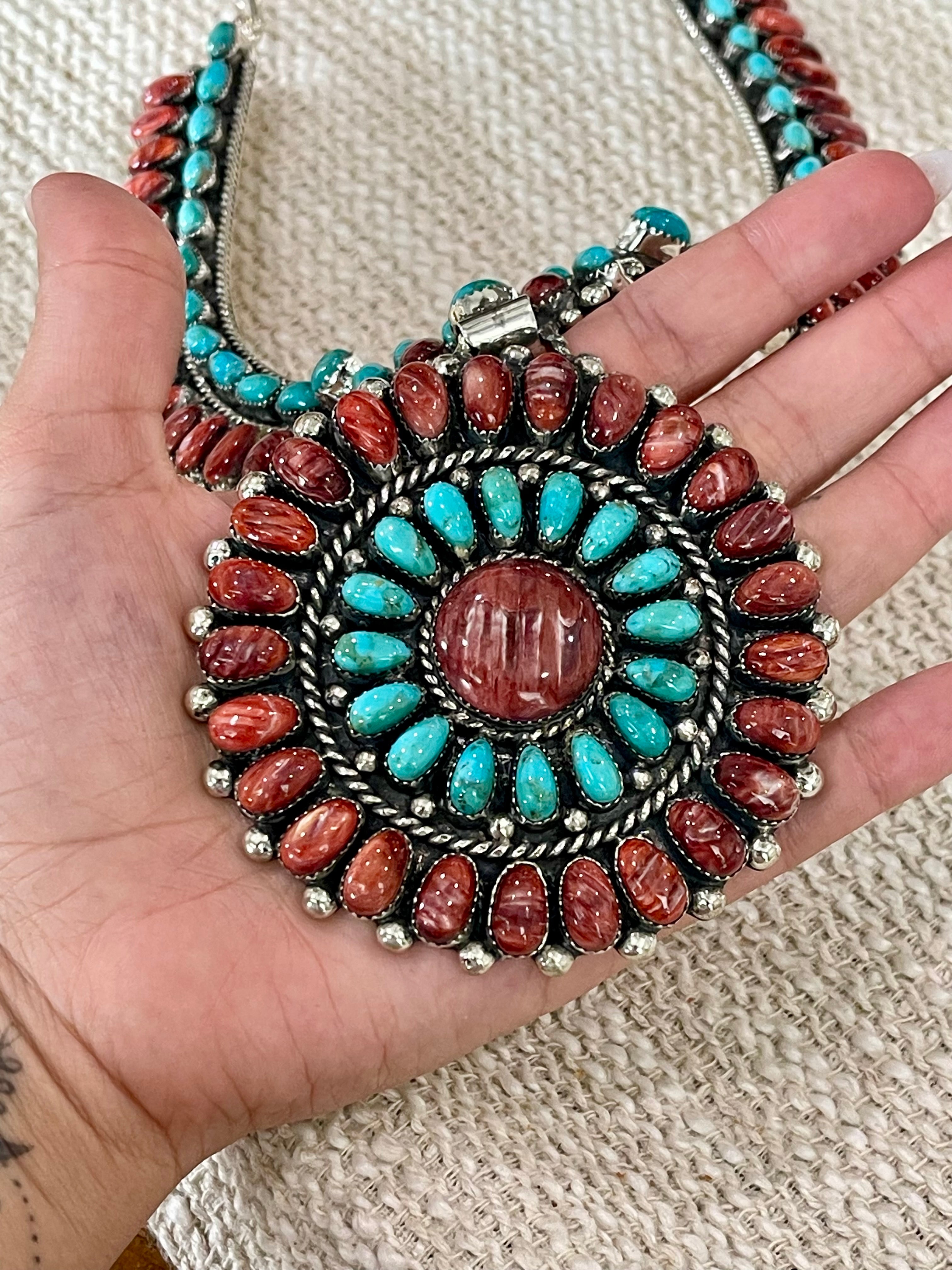 Beautiful Handmade Sterling Silver, Turquoise & Red Spiny Cluster Necklace And Earring Set