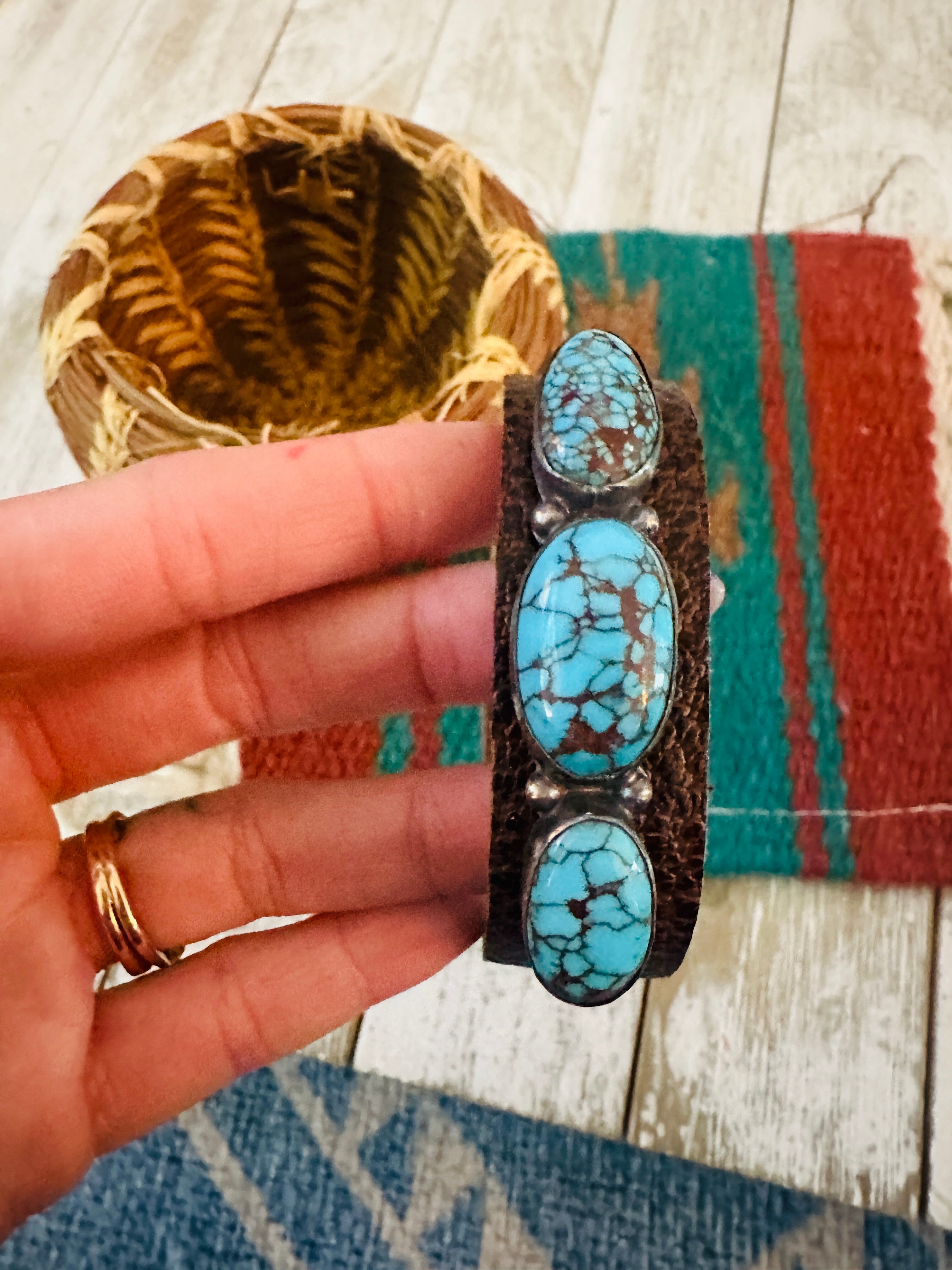 Handcrafted Egyptian Turquoise & Sterling Silver Leather Bracelet
