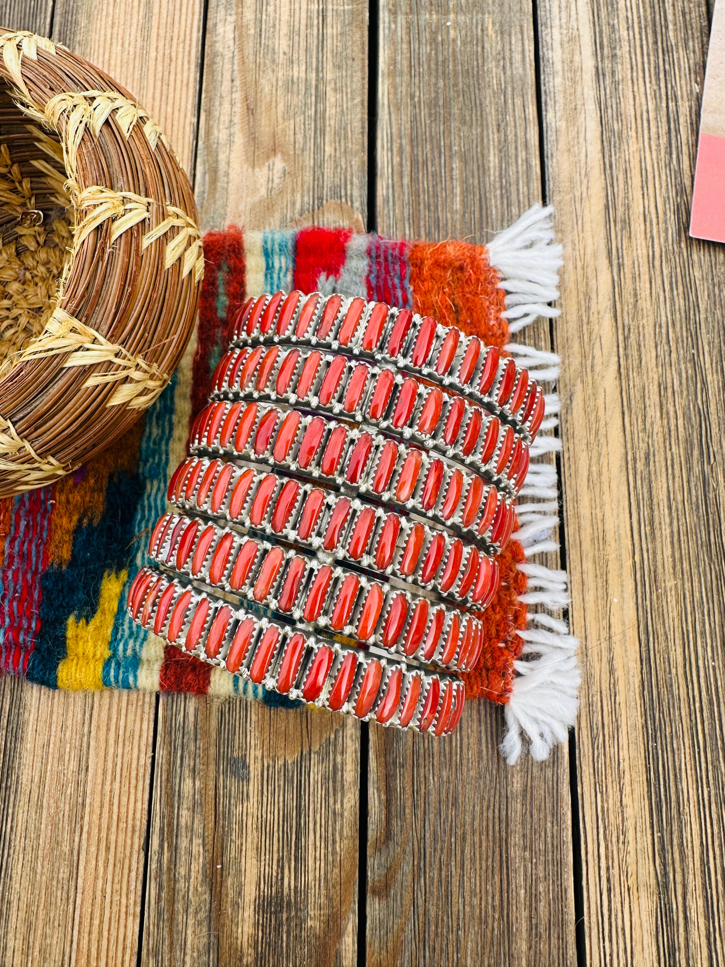Handcrafted Coral & Sterling Silver Cluster Cuff Bracelet