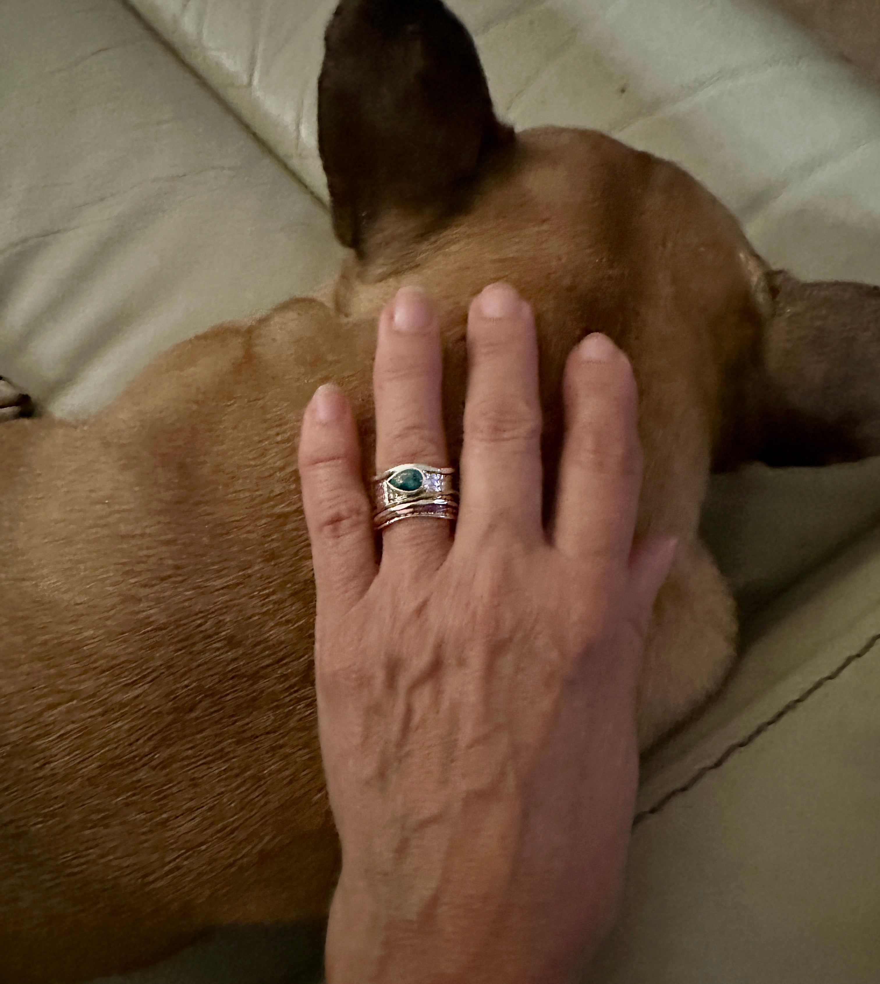 Copper Turquoise Sterling Silver, Gold, Copper Spinner Ring Size 7 “Smooth”