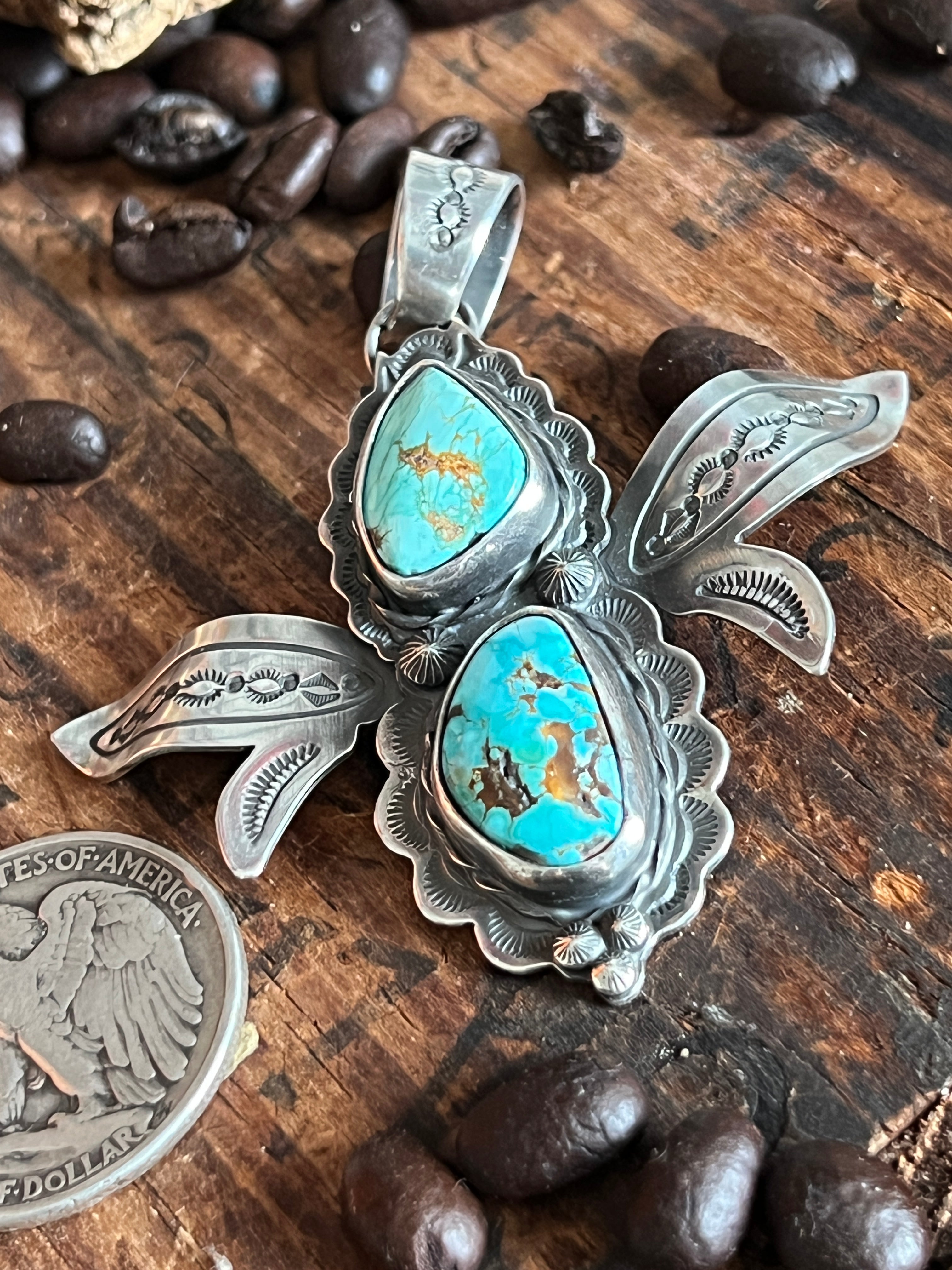 Kimari Somers Hand Stamped Sterling Silver and Turquoise Winged Bug Pendant