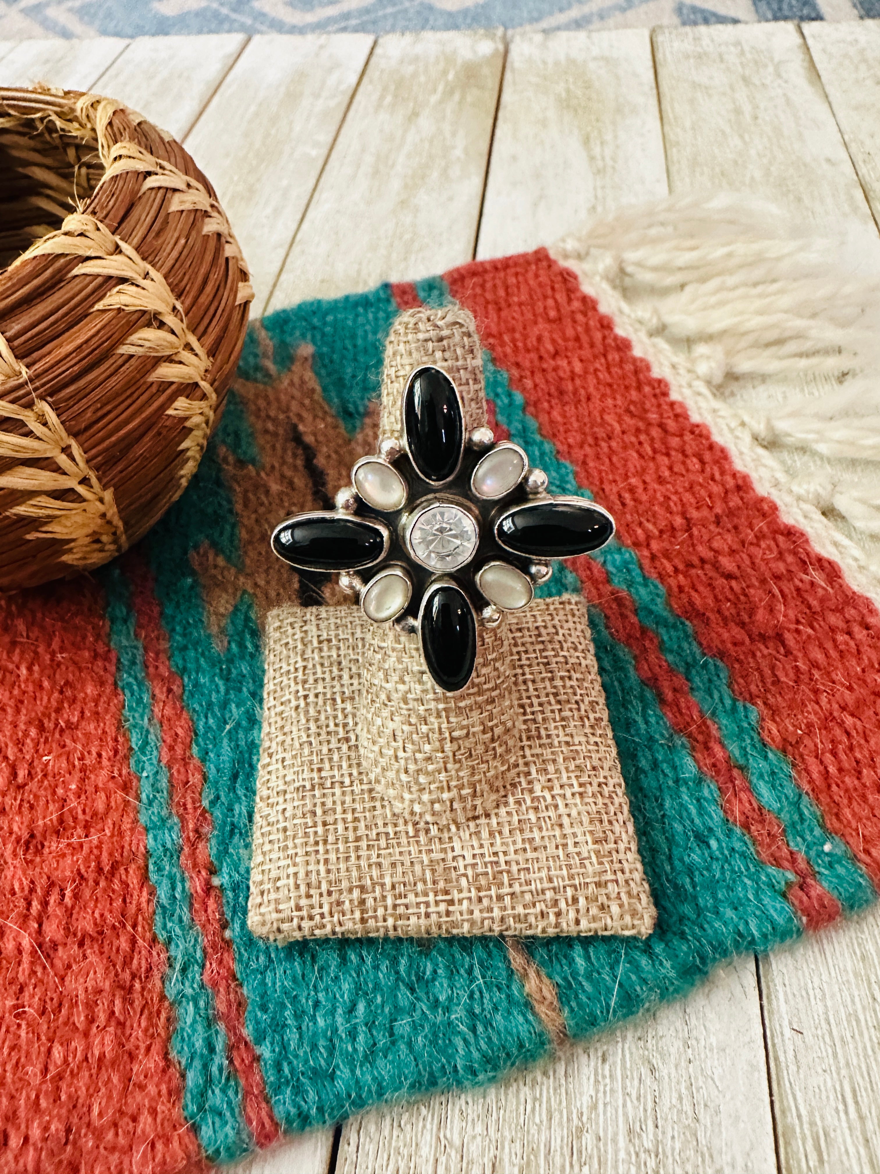 Handcrafted Mother of Pearl, Onyx & Sterling Silver Adjustable Ring by Jacqueline Silver
