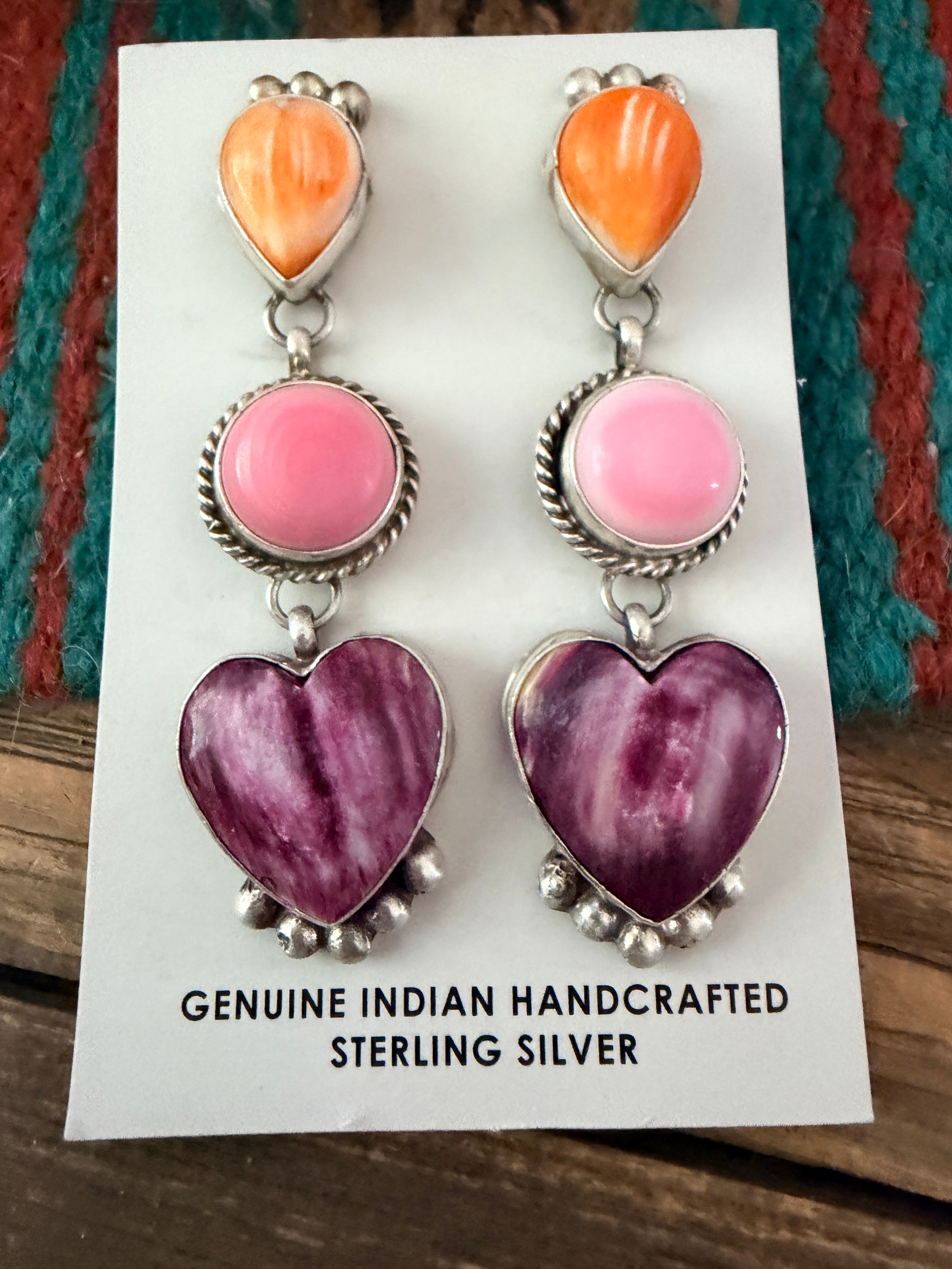 Handcrafted Sterling Silver, Spiny Oyster & Queen Pink Conch Heart Dangle Earrings by Vicky Hicks