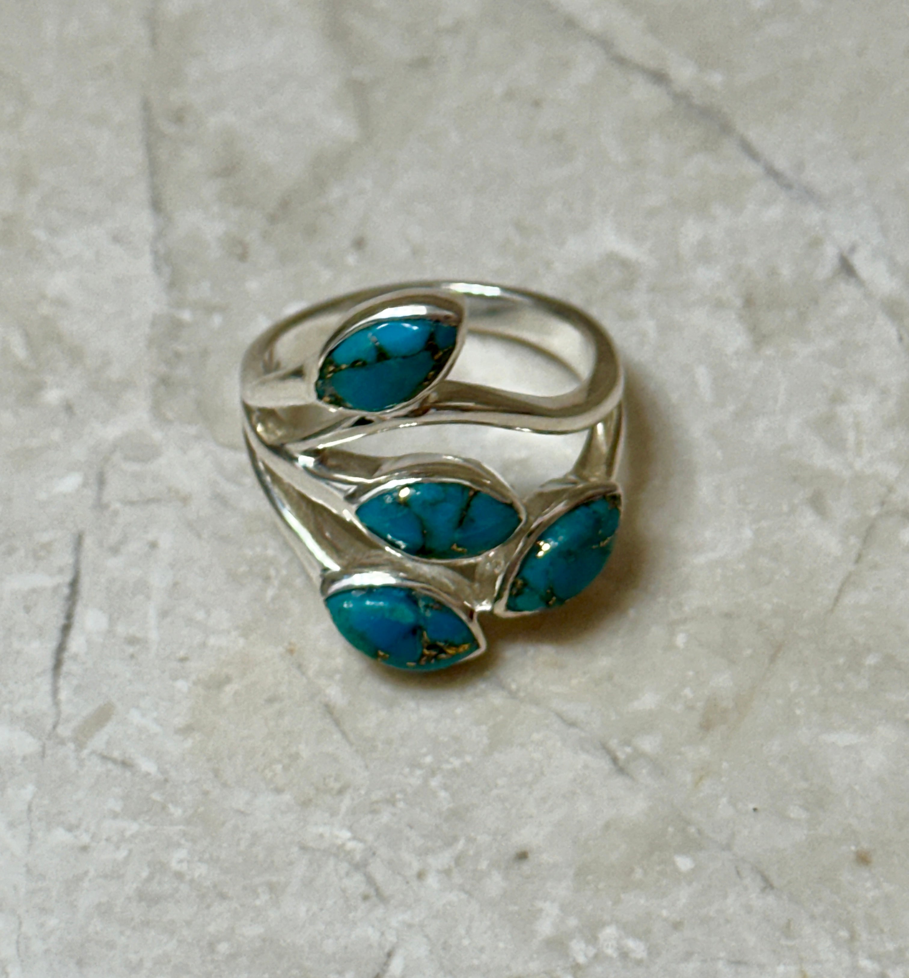 Four Stone Blue Copper Turquoise Sterling Silver Ring Size 7