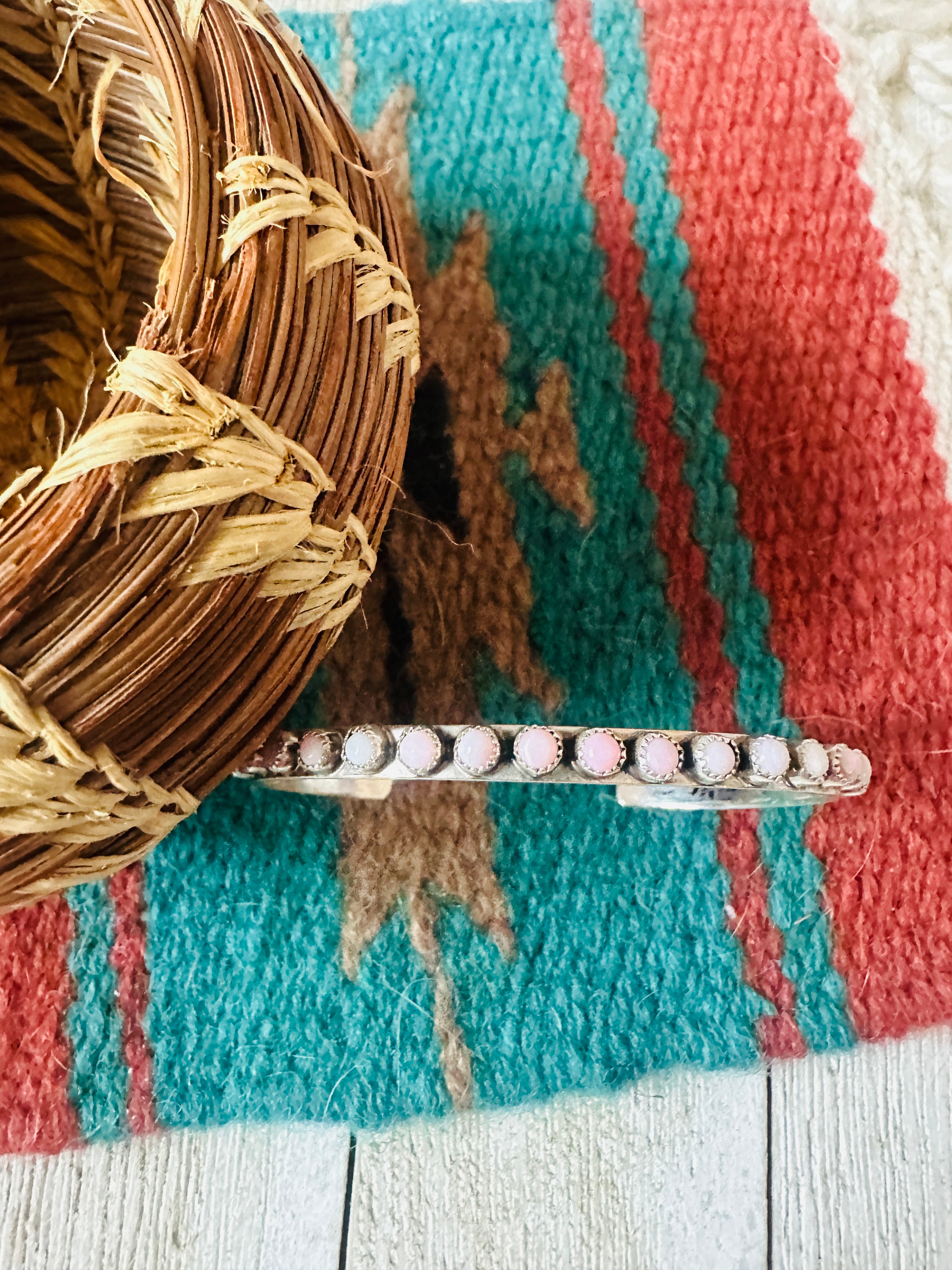 Handcrafted Queen Pink Conch & Sterling Silver Petit Point Cuff Bracelet