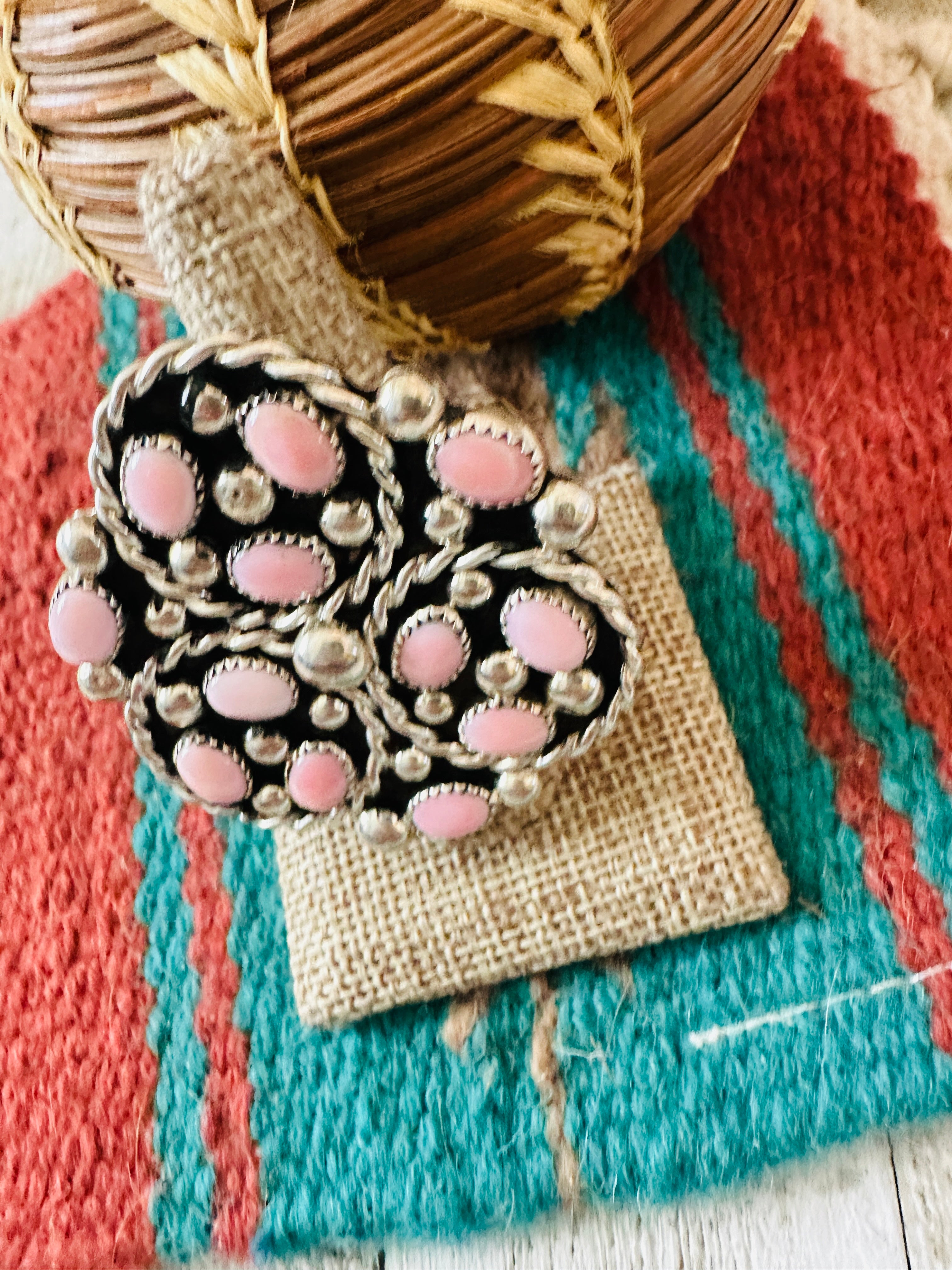 Handcrafted Sterling Silver & Queen Pink Conch Cluster Adjustable Ring