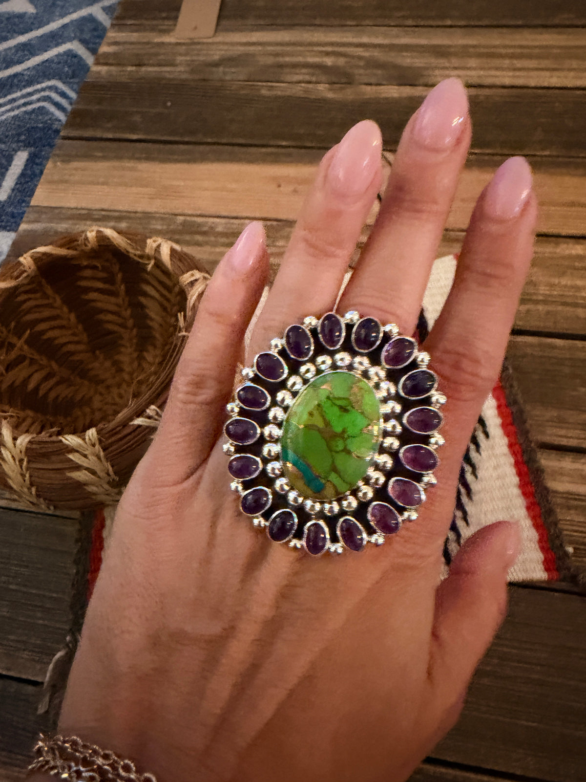 Handcrafted Mojave Turquoise, Amethyst & Sterling Silver Adjustable Cluster Ring