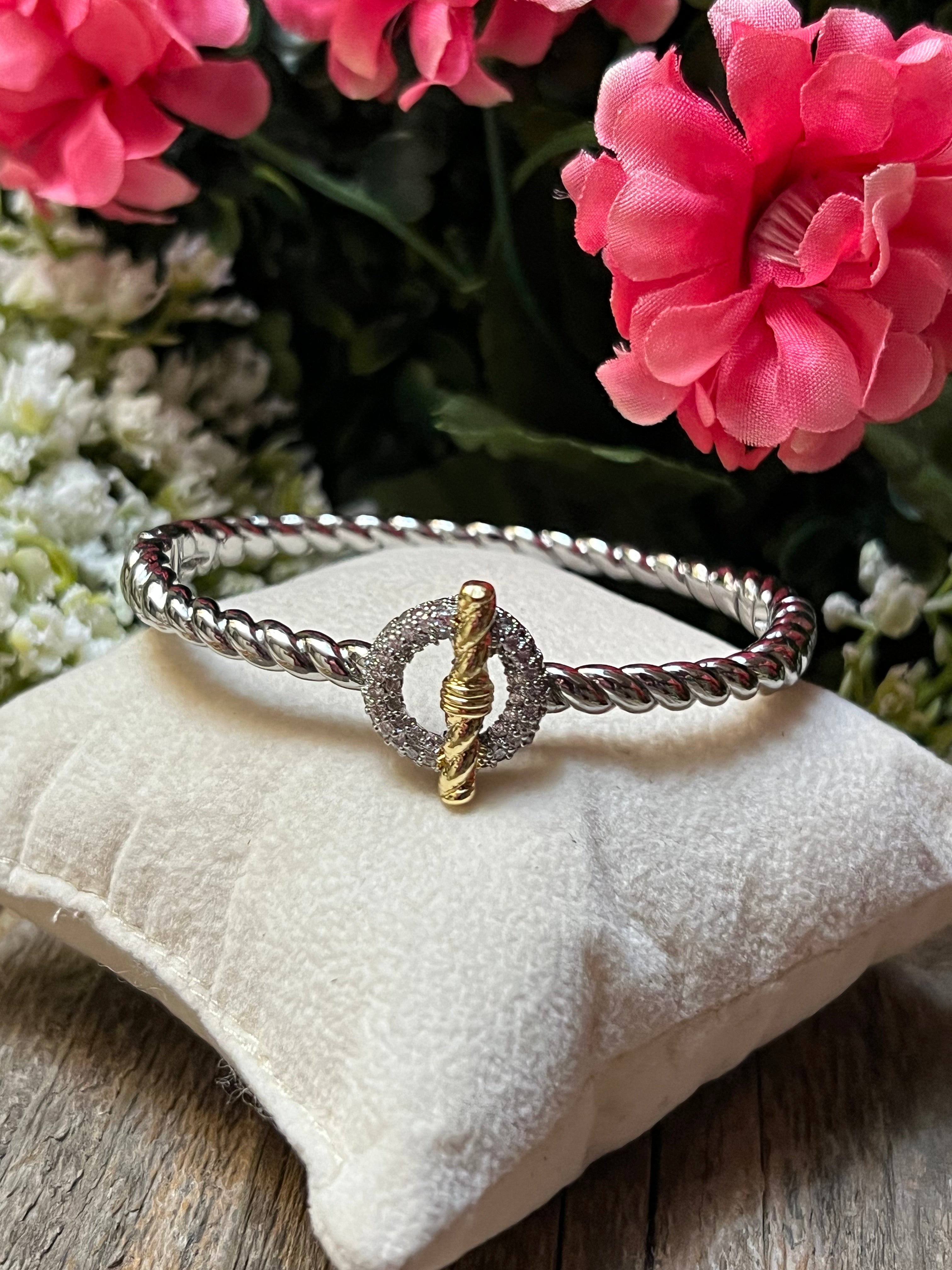 Silver & 14k Gold Plated CZ Toggle Bar Bangle Bracelet