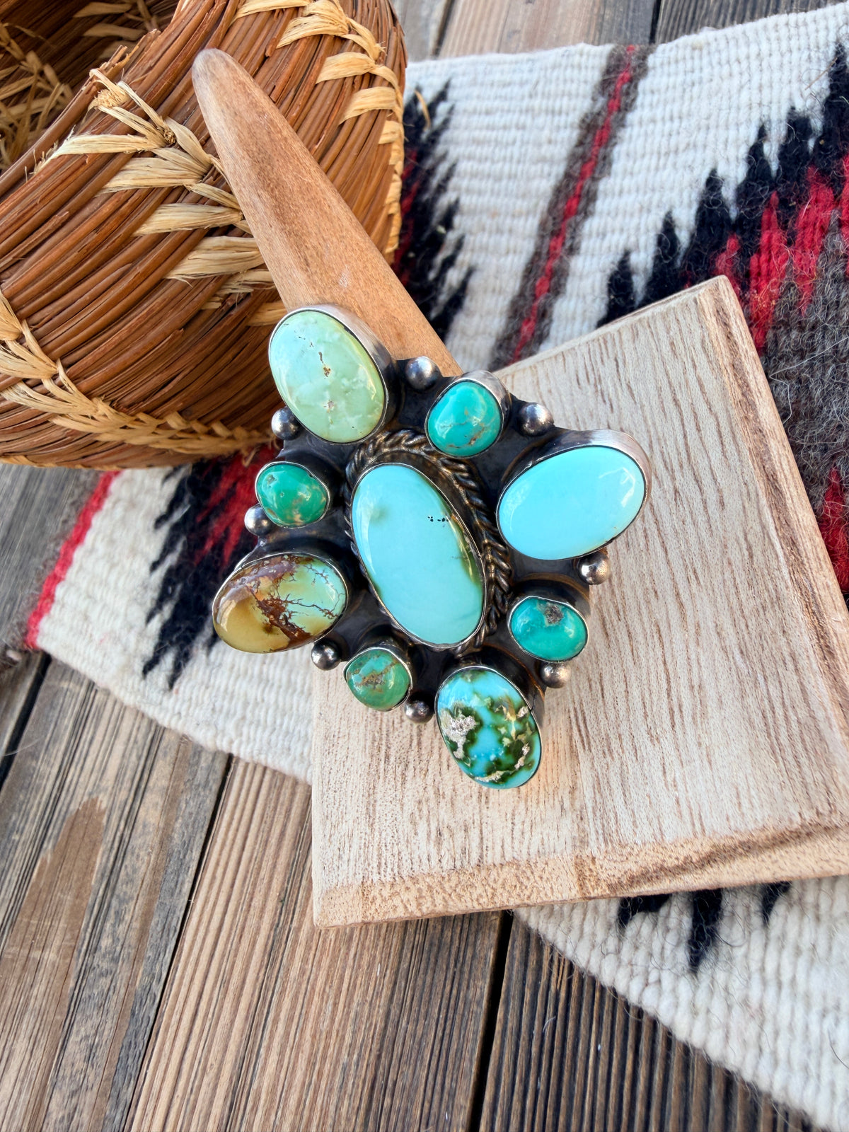 Handcrafted Turquoise & Sterling Silver Cluster Adjustable Ring
