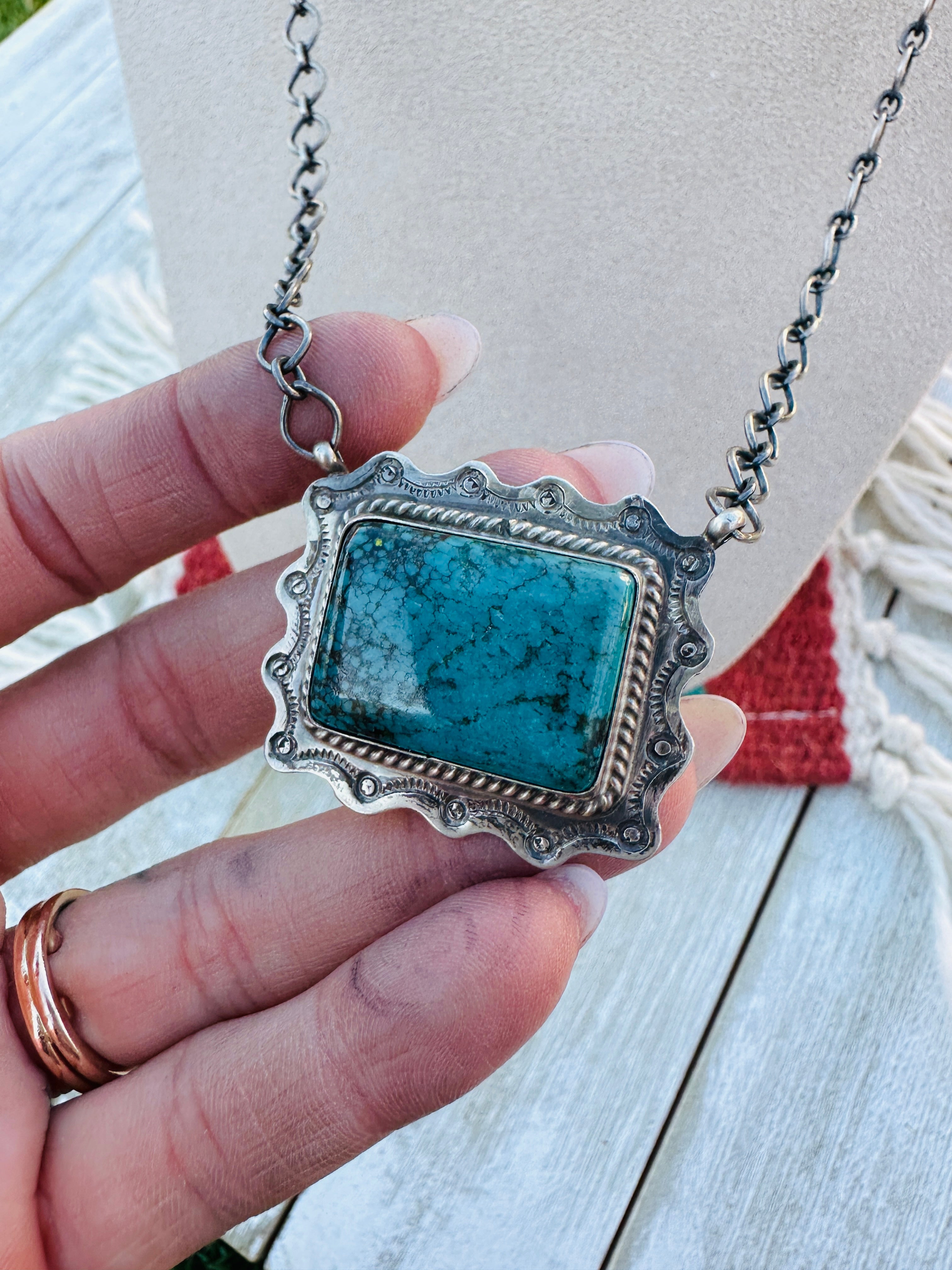 Handcrafted Sterling Silver 18” Link Chain & Turquoise Necklace