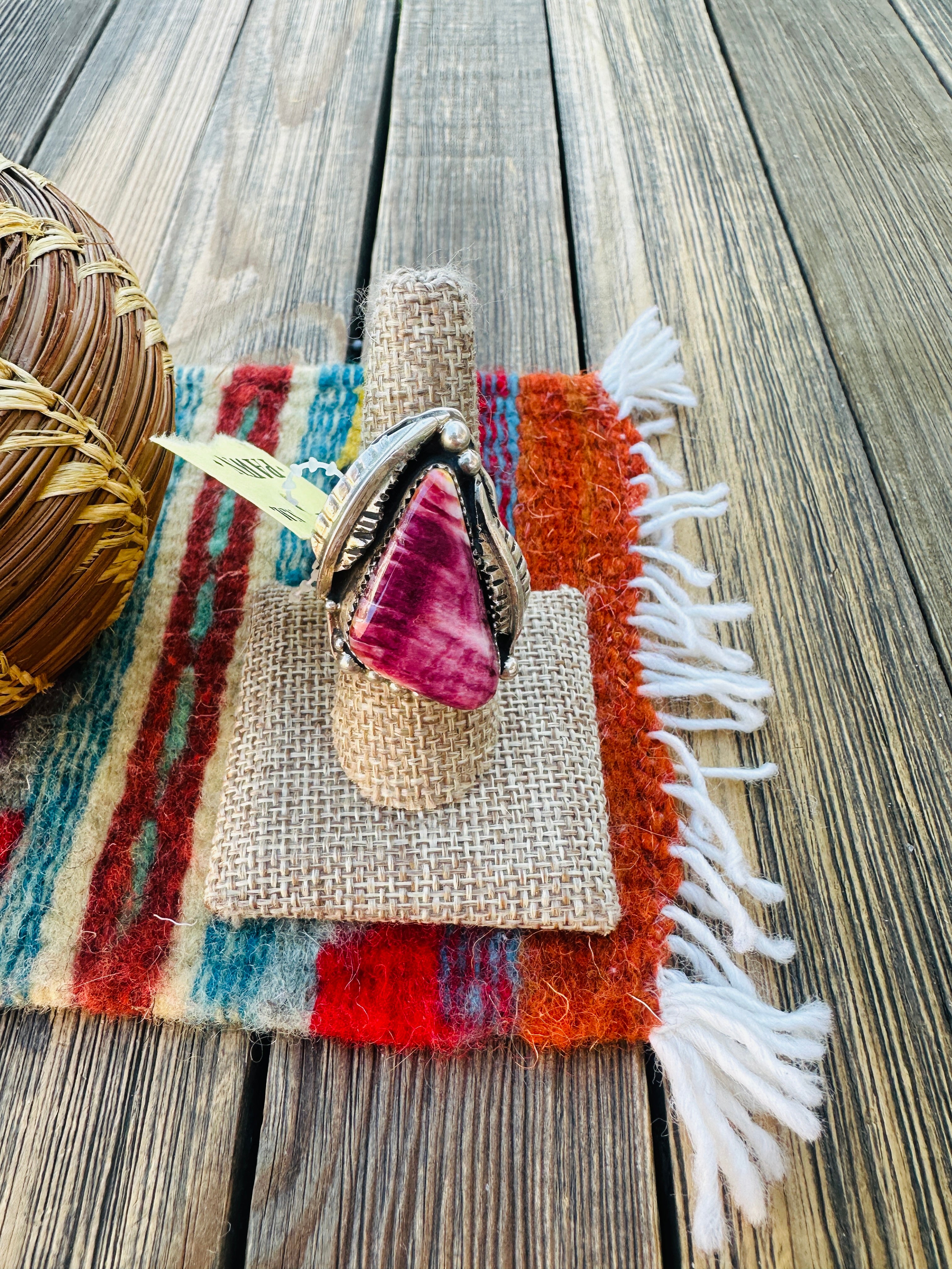 Old Pawn Handcrafted Purple Spiny & Sterling Silver Adjustable Ring