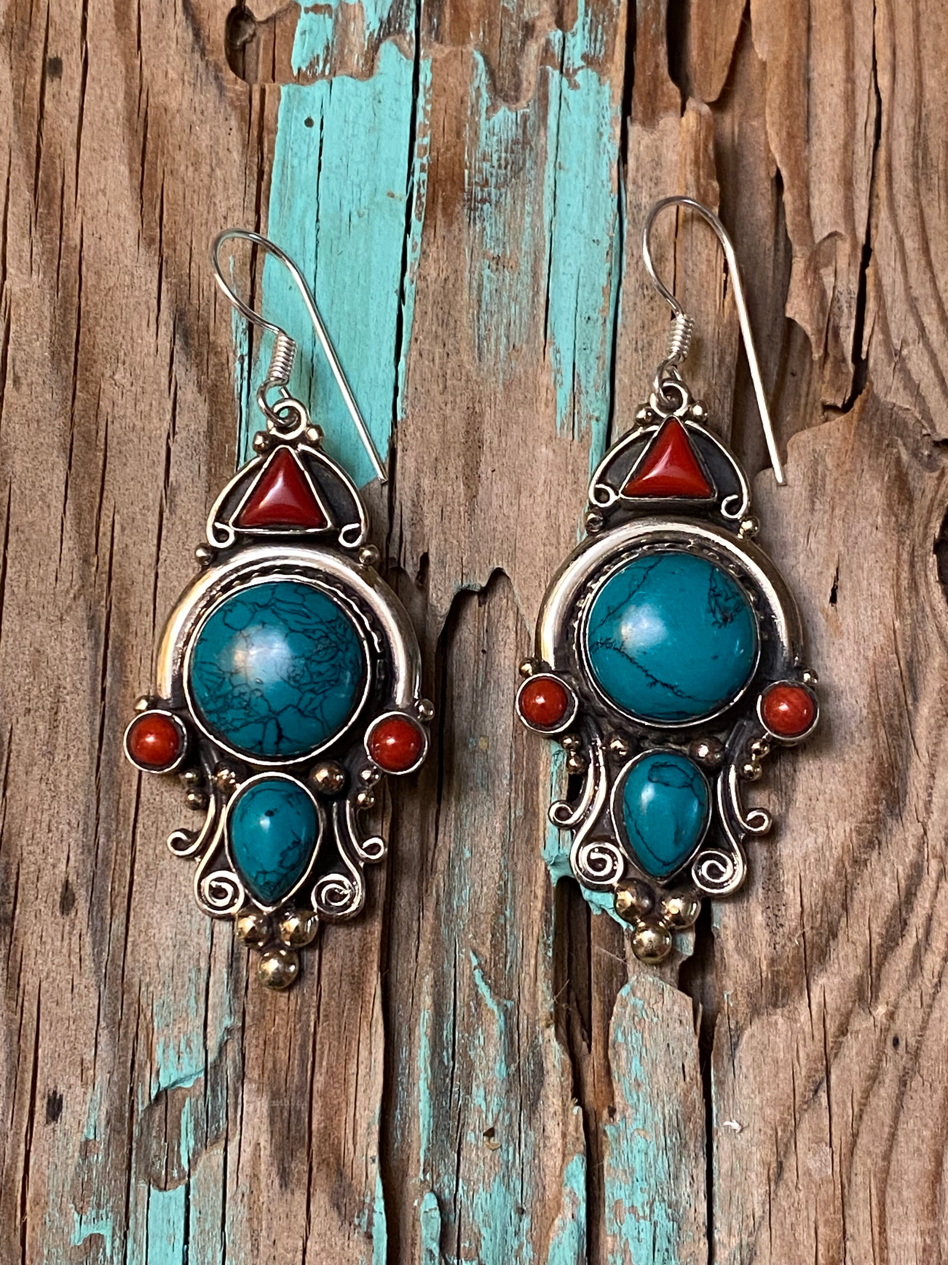 Silver Elegant Turquoise & Red Coral Dangle Statement Earrings
