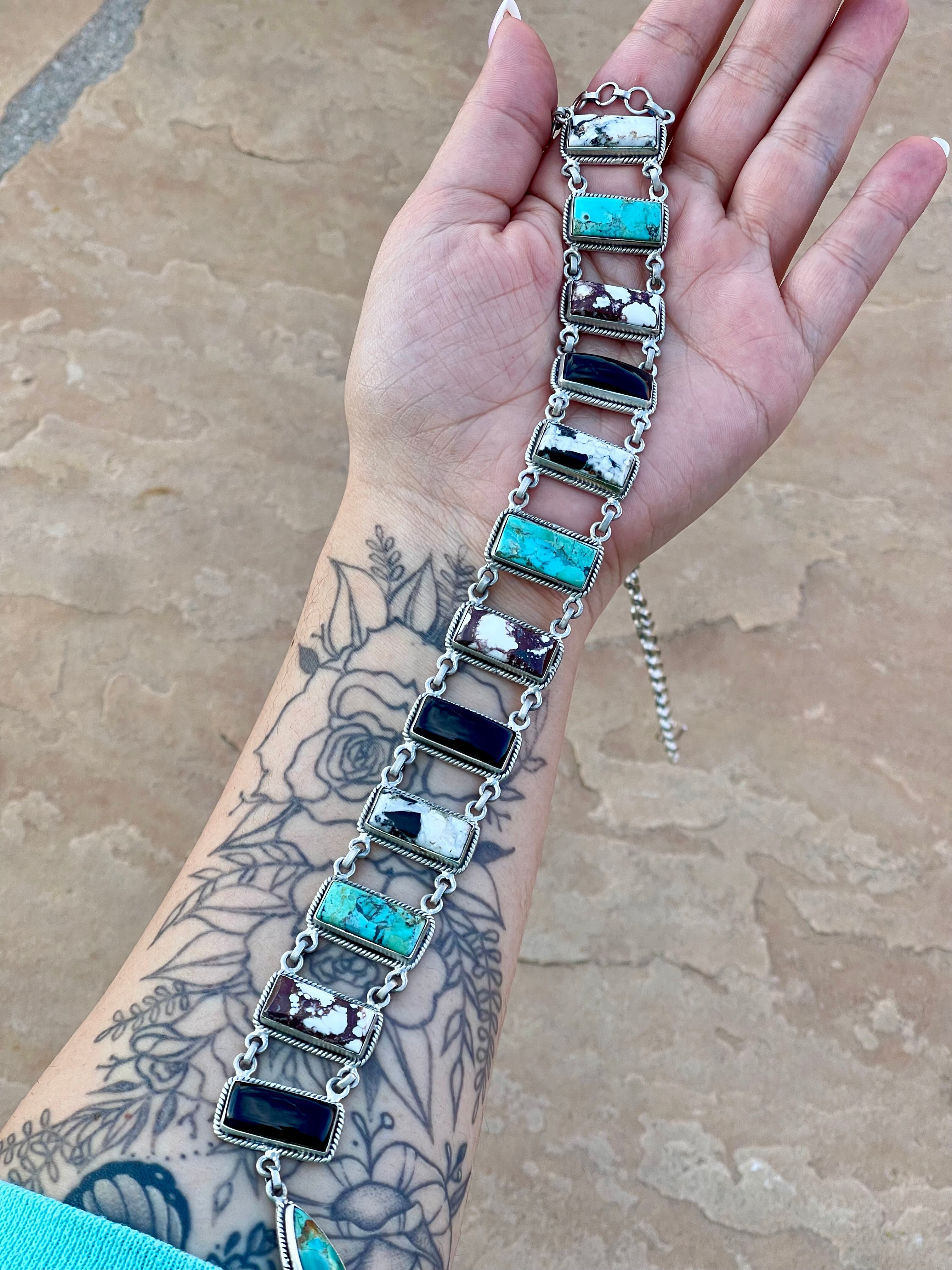 Handmade Sterling Silver, Multi Stone & Turquoise Drop Necklace