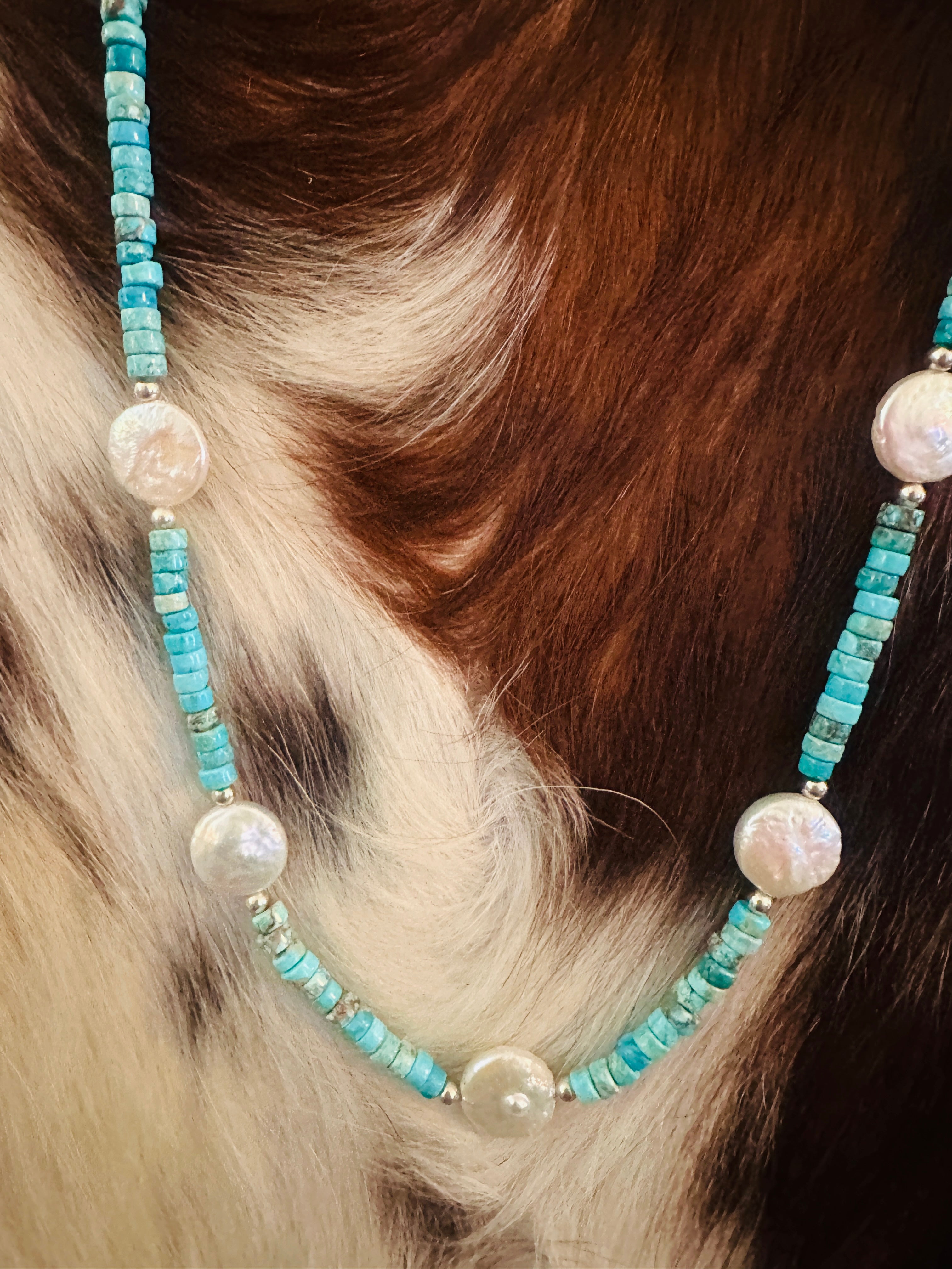 Handcrafted Turquoise, Mother of Pearl & Sterling Silver 16” Beaded Necklace