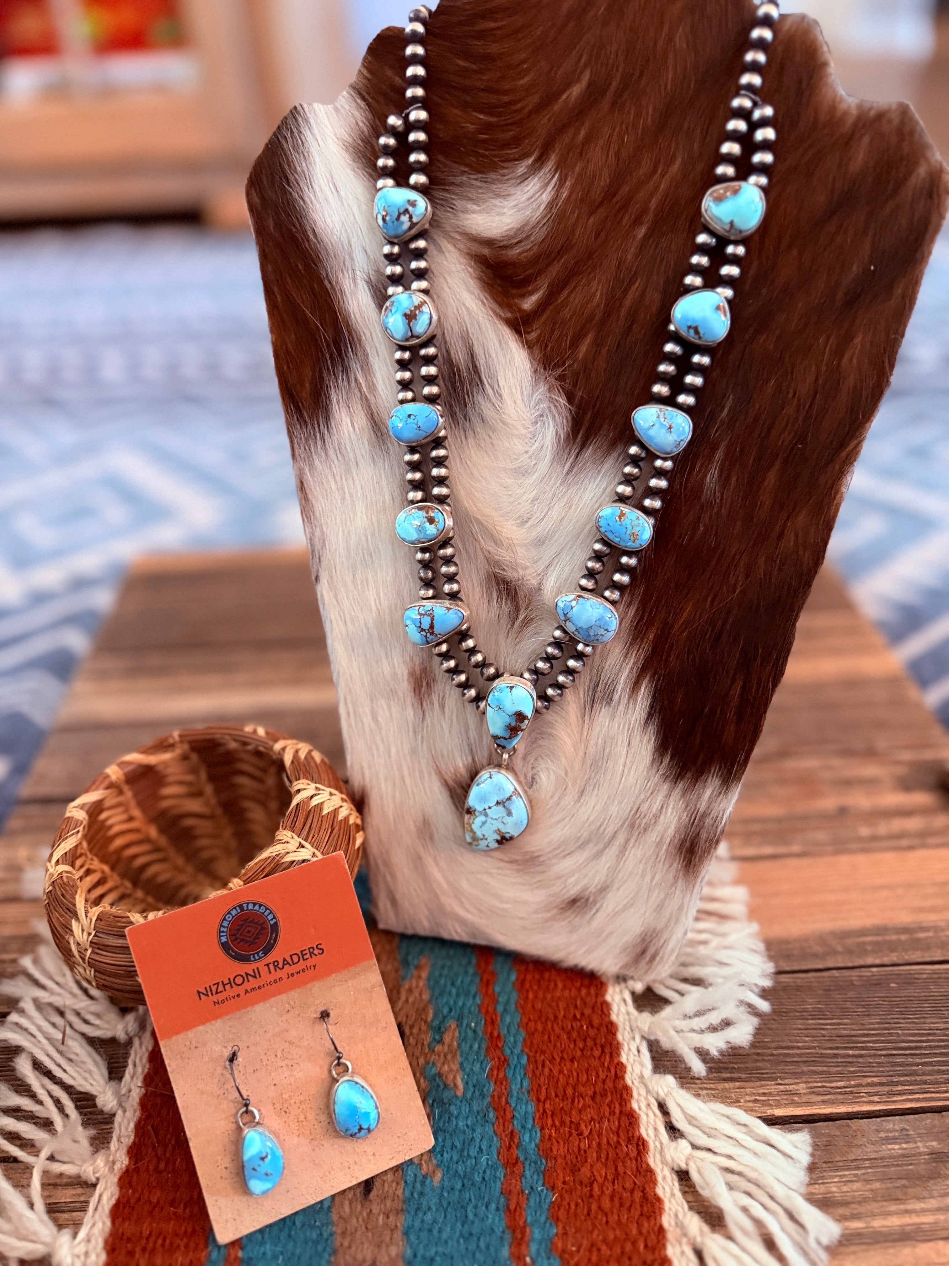Handcrafted Golden Hills Turquoise & Sterling Silver Necklace and Earring Set by Kathleen Chavez