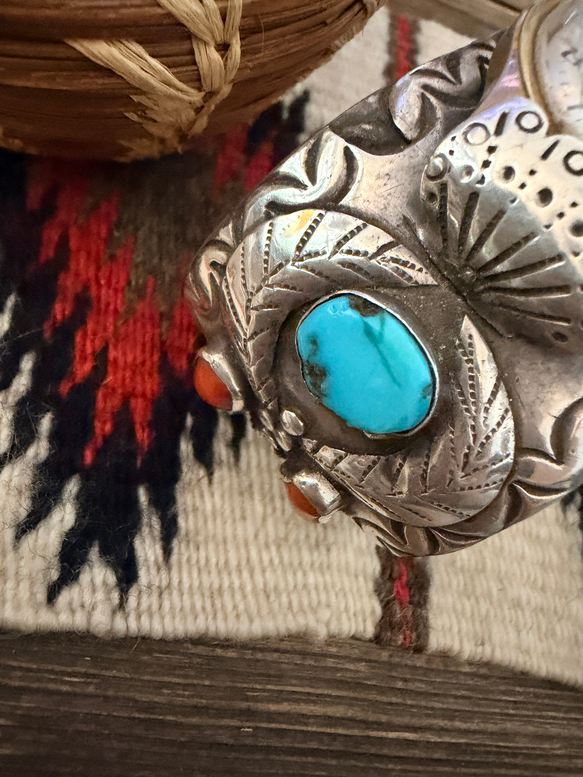 Handcrafted Old Pawn Turquoise, Coral & Sterling Silver Watch Cuff
