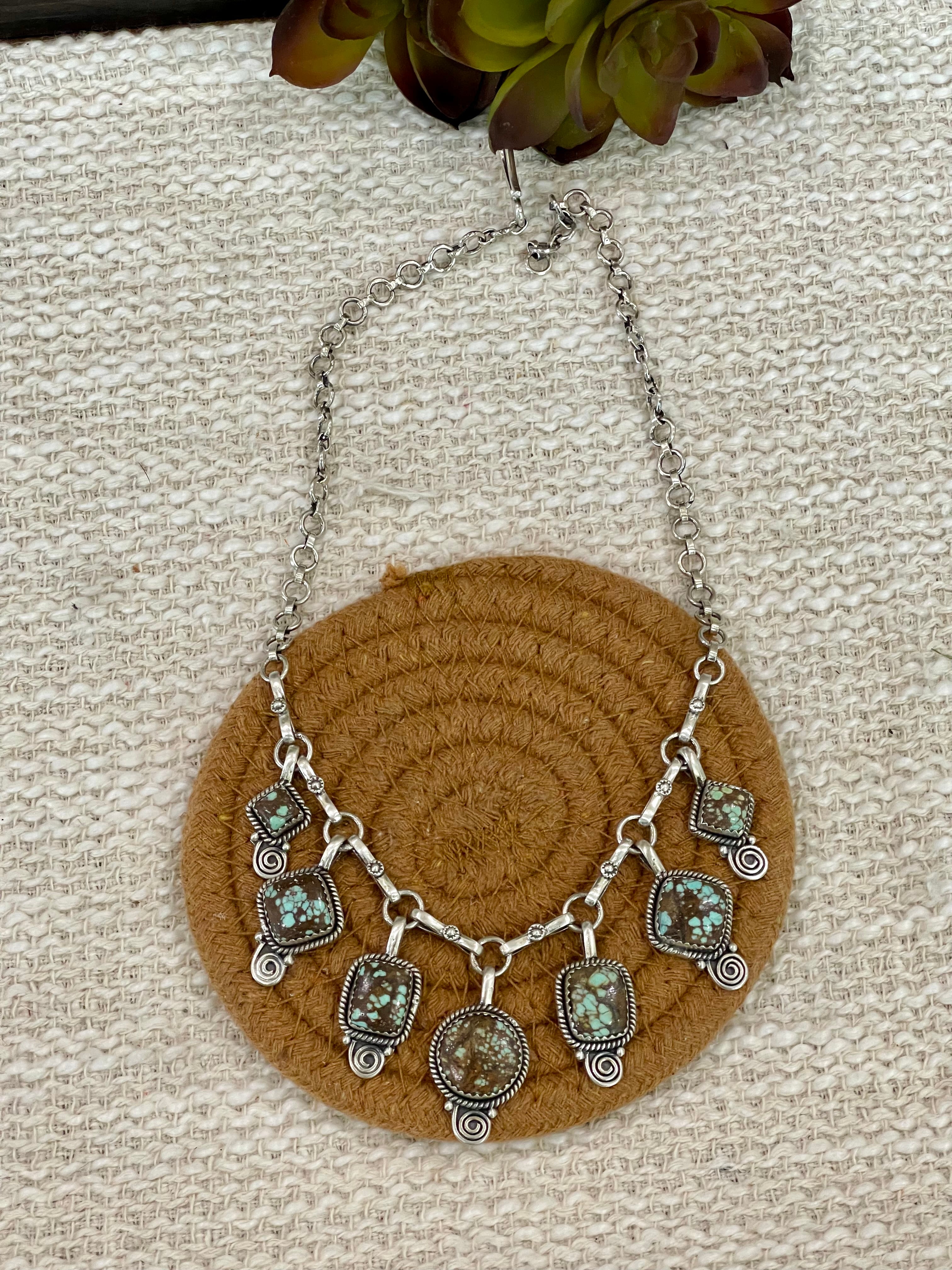 Handmade Sterling Silver Number 8 Turquoise Necklace with Signed Nizhoni