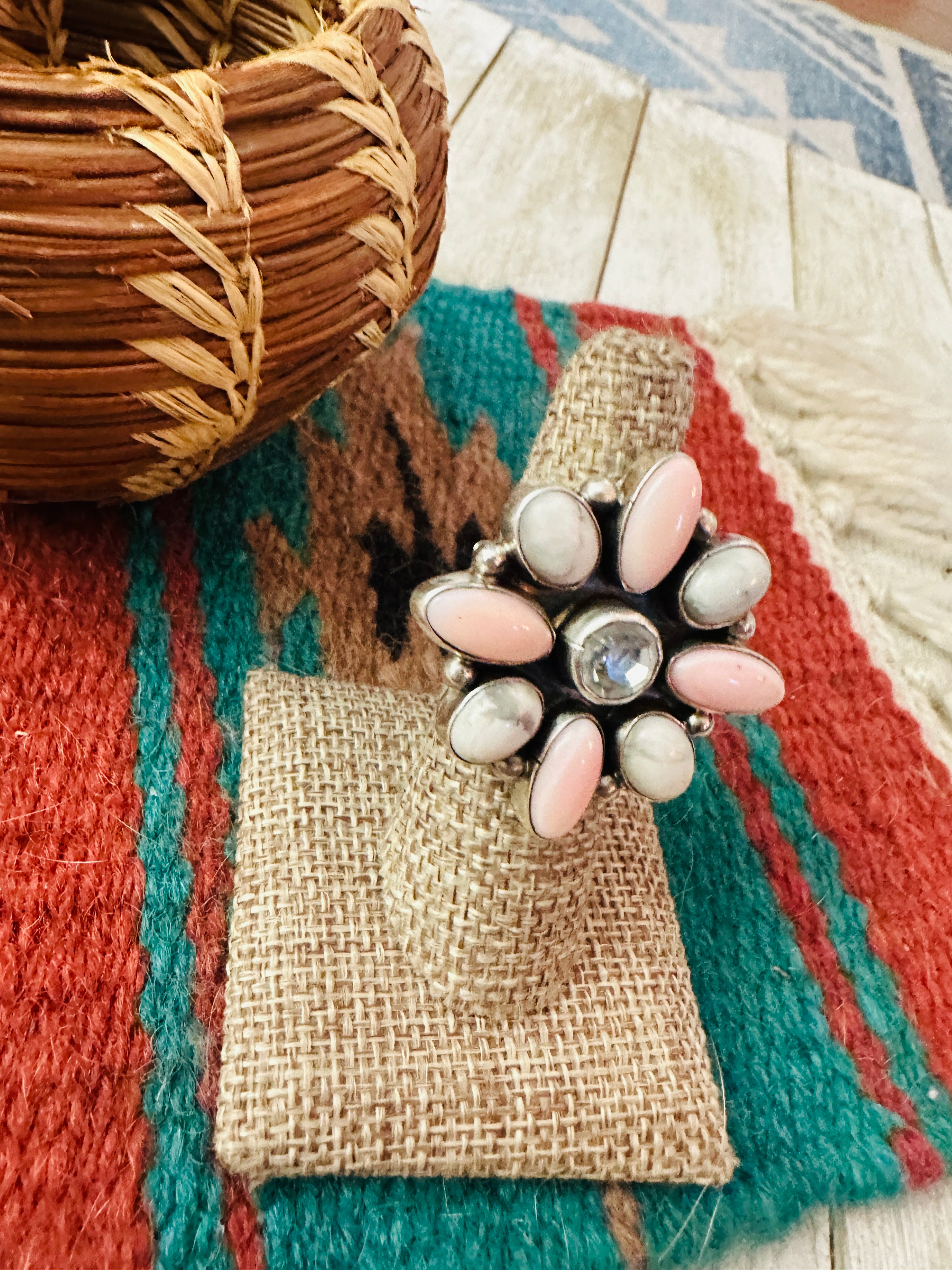 Handcrafted Queen Pink Conch, White Buffalo, CZ & Sterling Silver Adjustable Ring by Jacqueline Silver