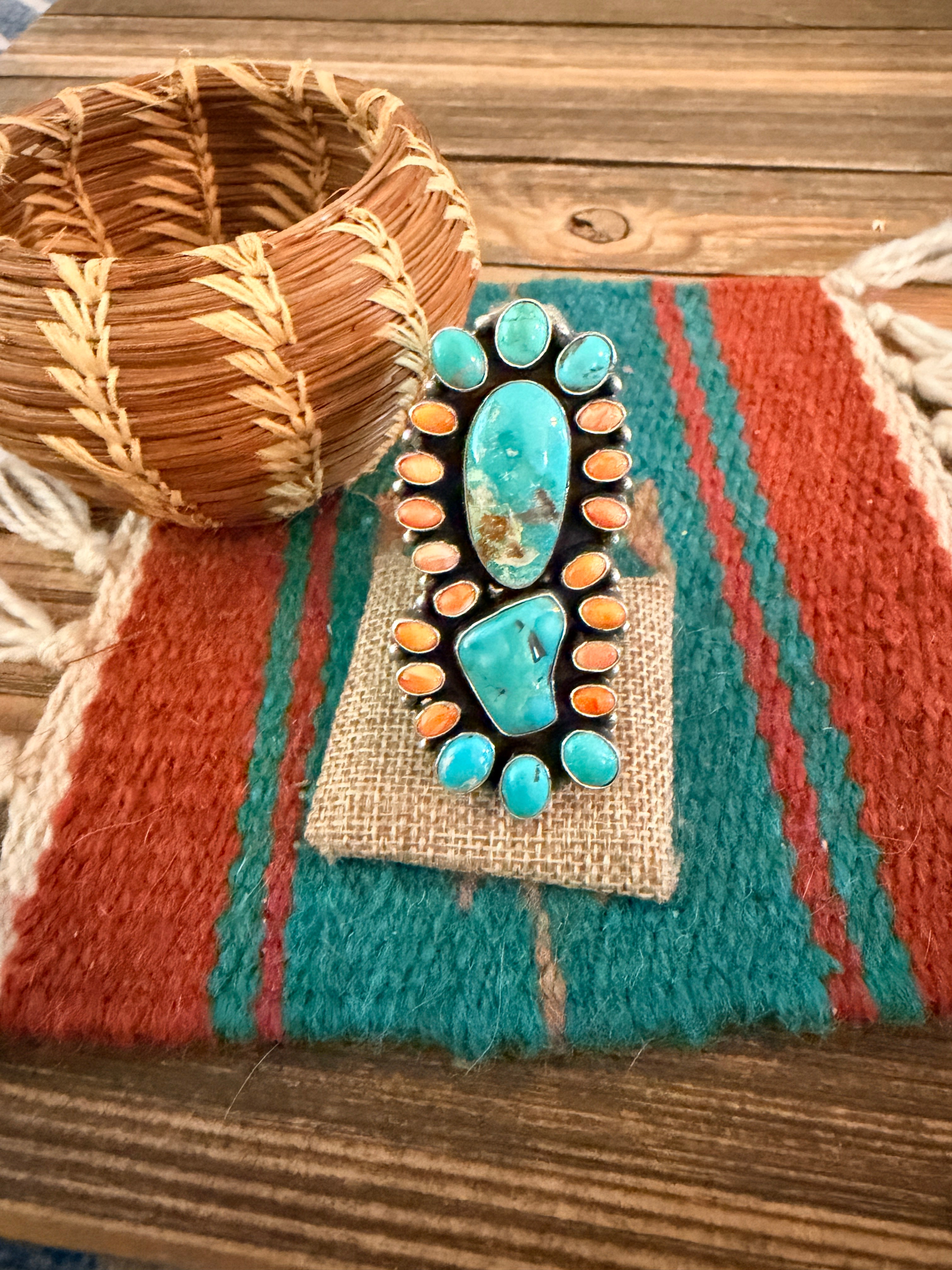 Handcrafted Spiny Oyster, Turquoise & Sterling Silver Cluster Ring by Sheila Becenti Size 10