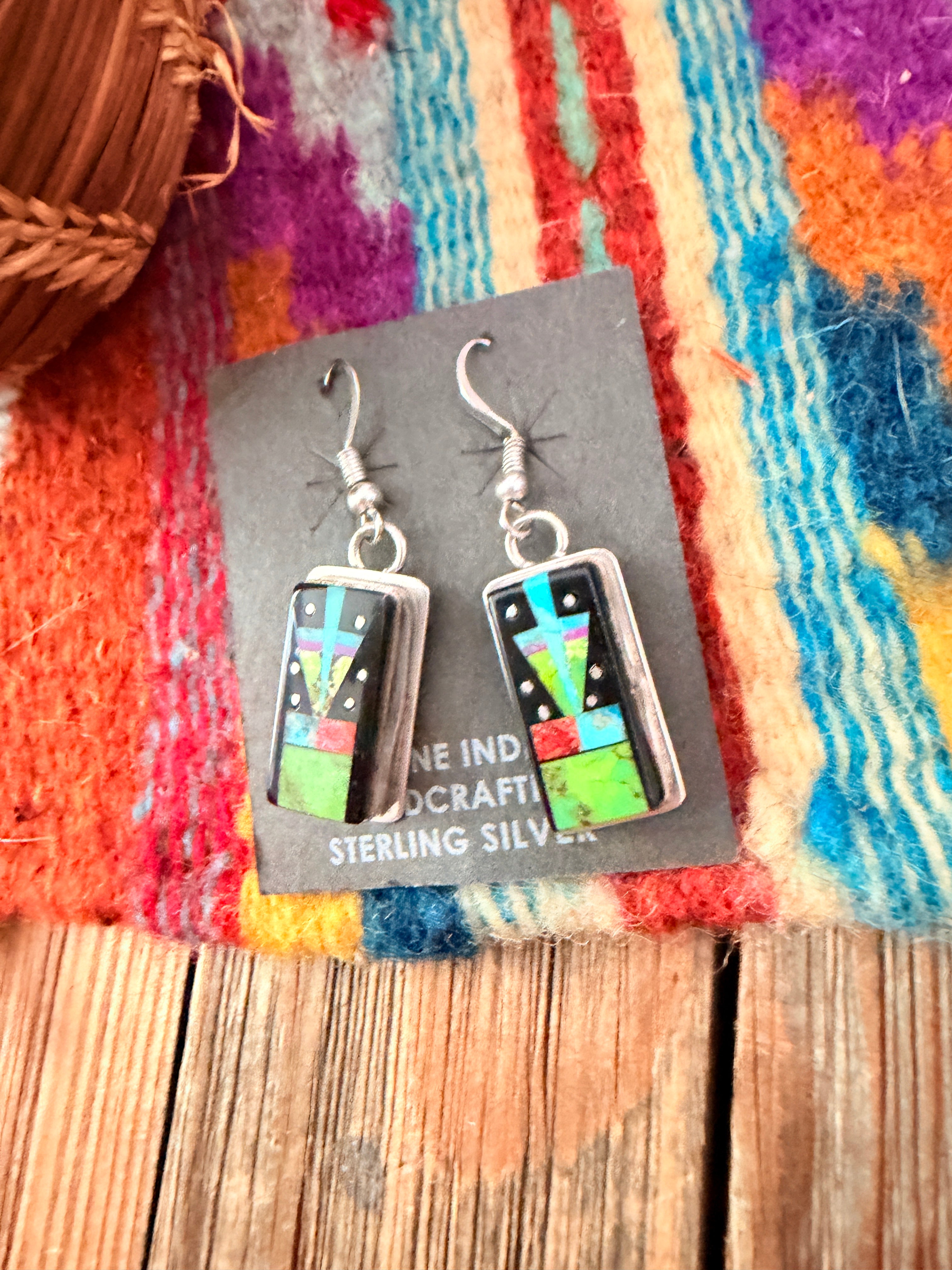 Handcrafted Multi Stone & Sterling Silver Inlay Dangle Earrings by Sylvana Apache