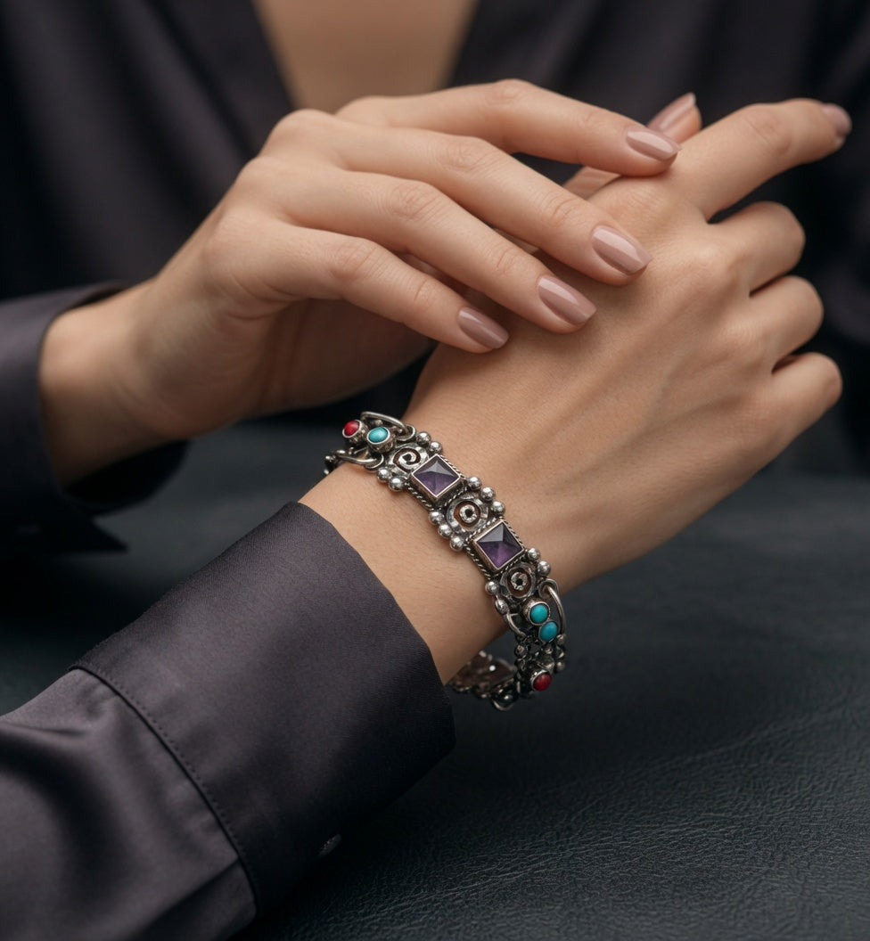 Turquoise, Amethyst, and Coral Intricate Sterling Silver Bracelet