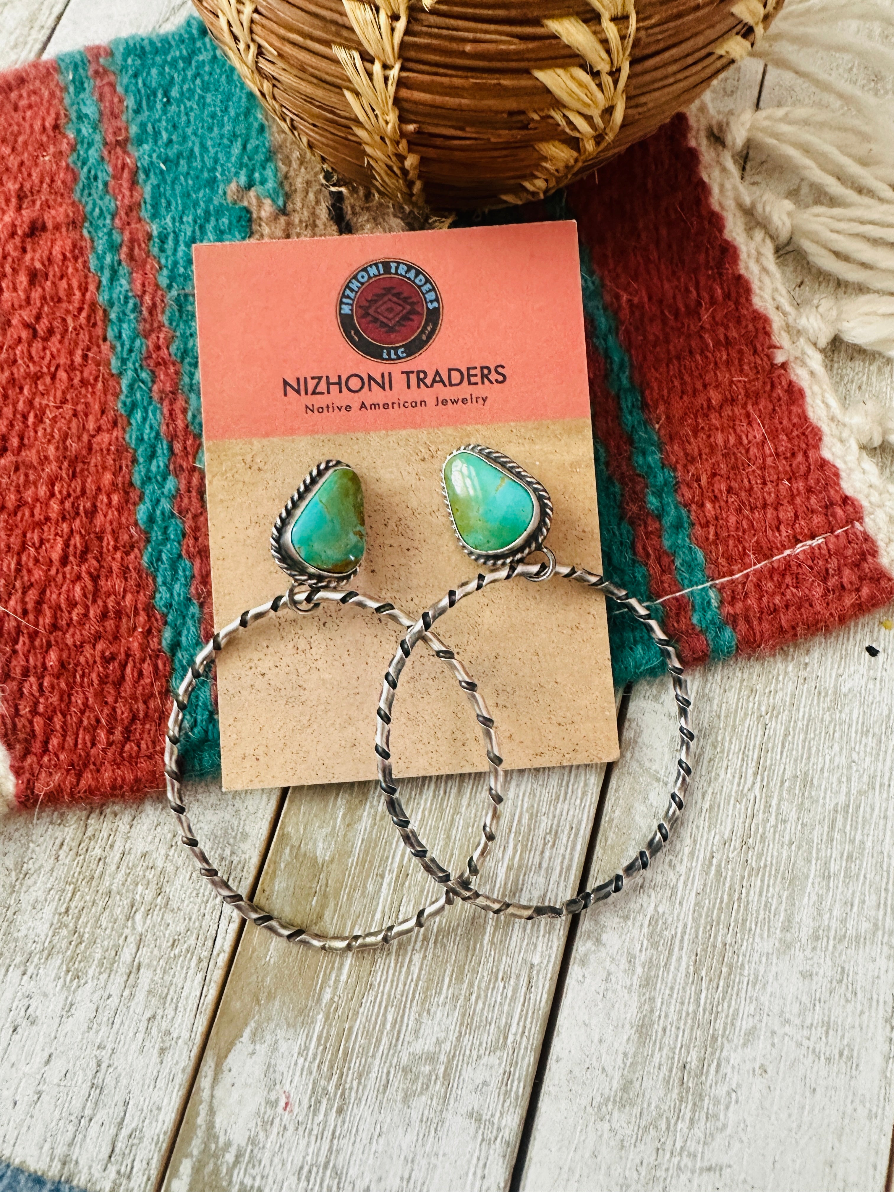 Navajo Turquoise and Sterling Silver Dangle Hoop Earrings