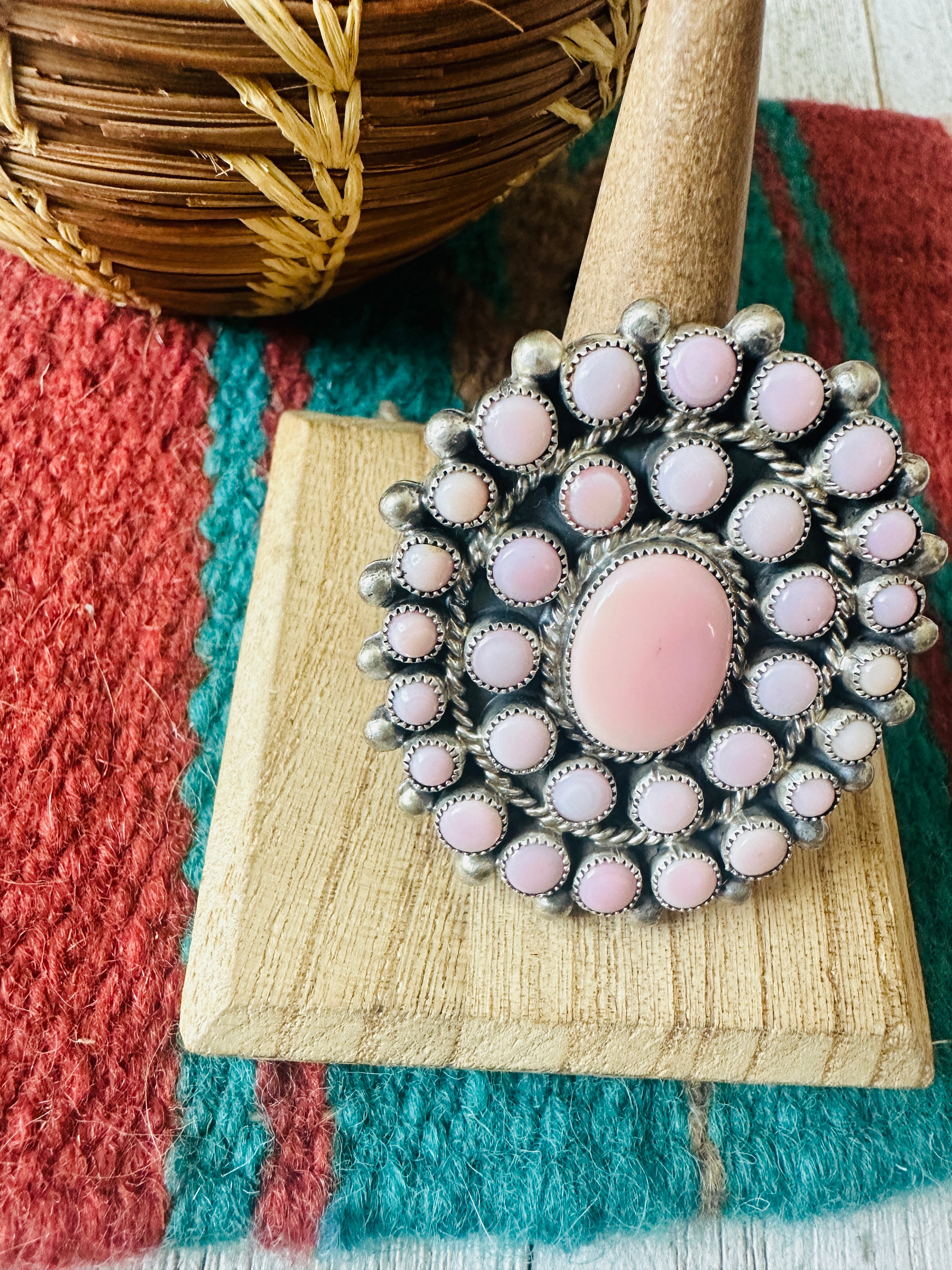 Handcrafted Sterling Silver & Queen Pink Conch Cluster Adjustable Ring