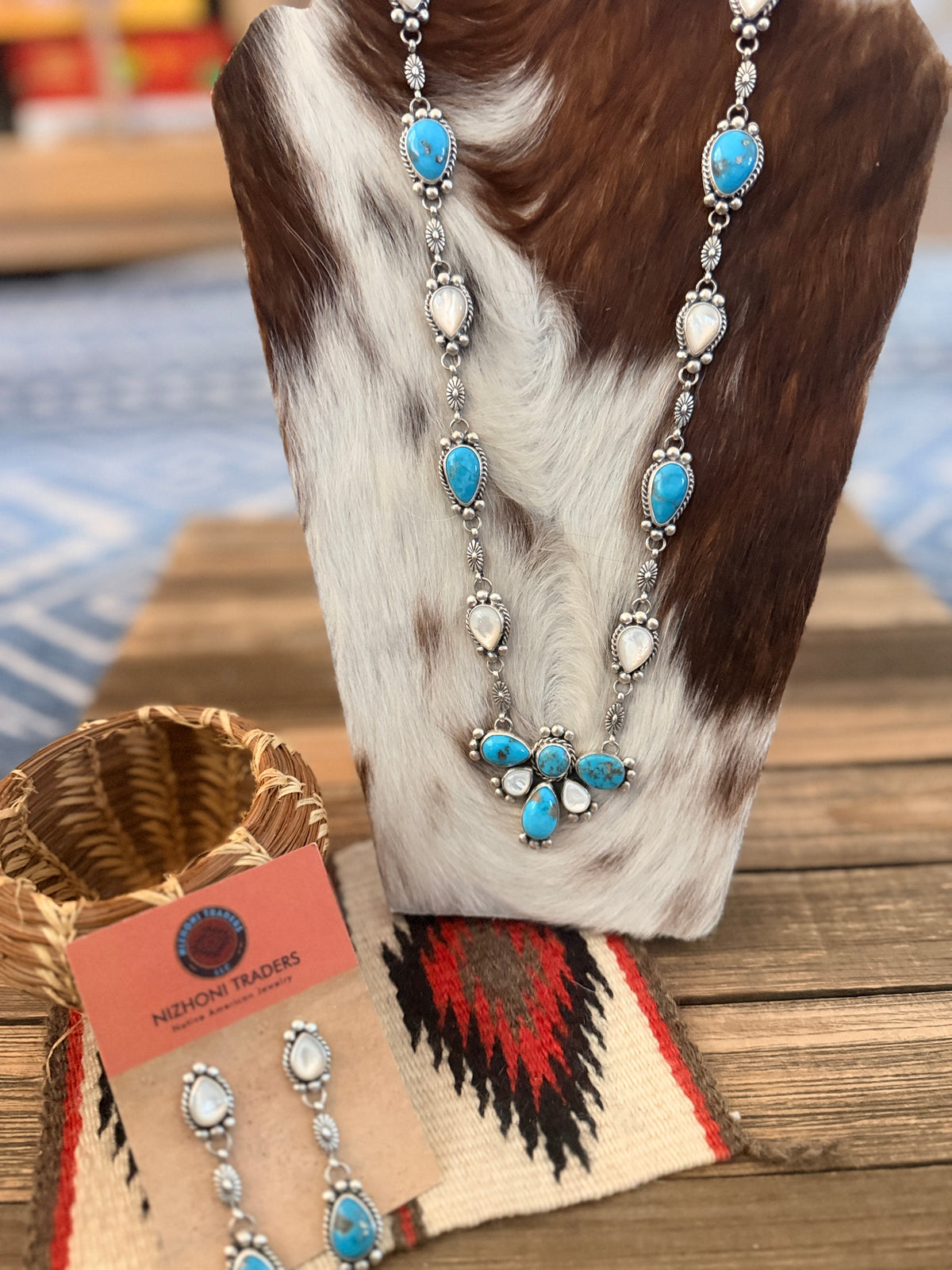 Handcrafted Turquoise, Mother of Pearl & Sterling Silver Cluster Necklace and Earring Set by Fred Francis
