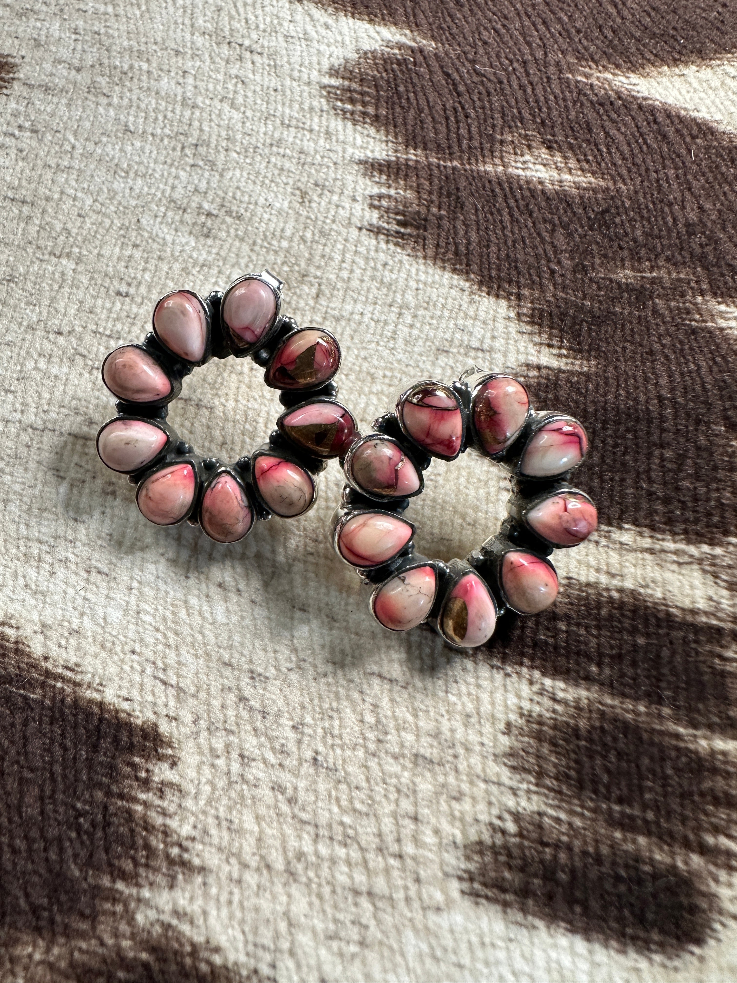 Handmade Dahlia Rose & Sterling Silver Post Circle Earrings Signed Nizhoni