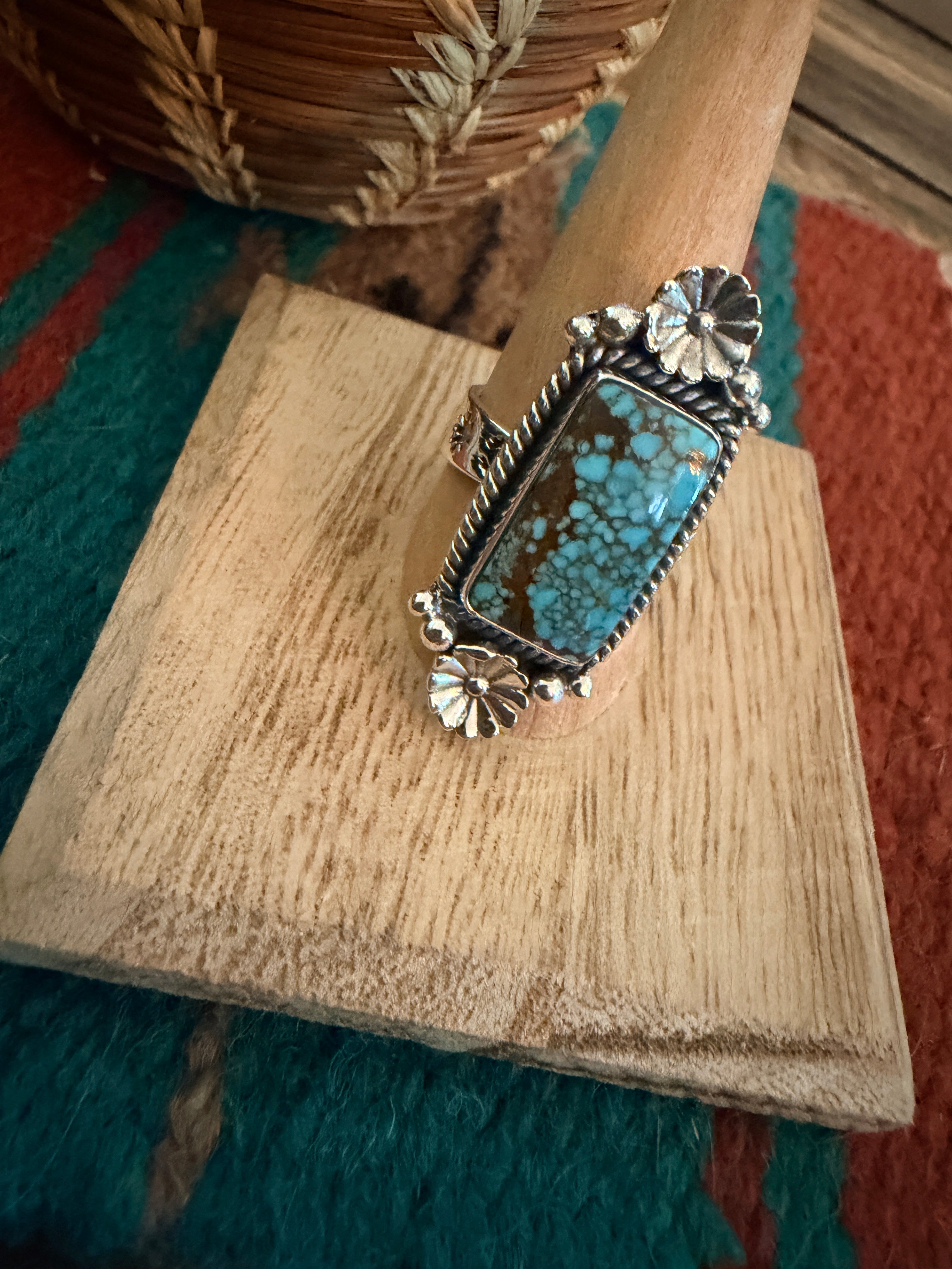Handmade Sterling Silver Number 8 Turquoise Adjustable Ring Signed Nizhoni