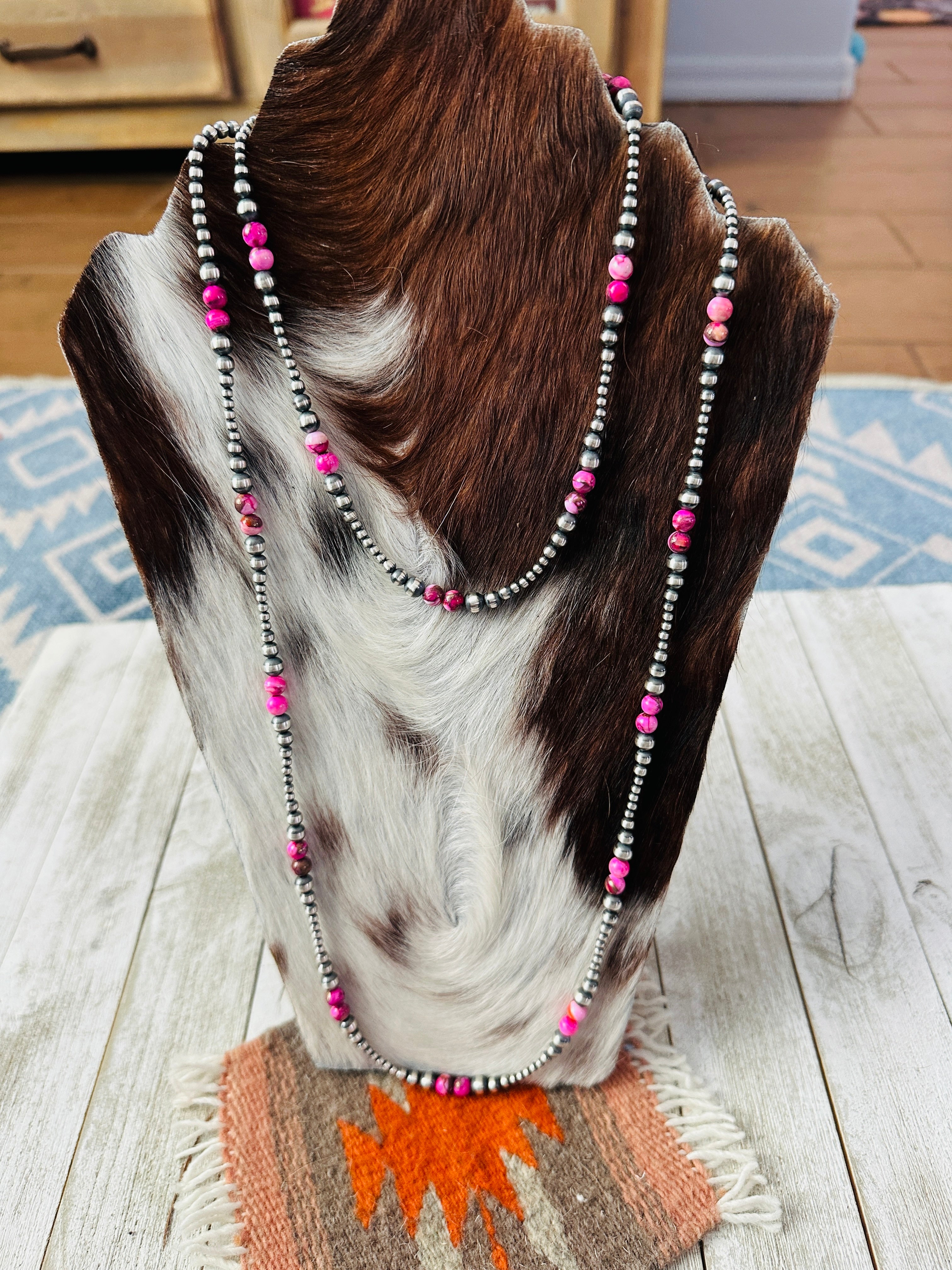 Handcrafted Sterling Silver & Pink Mojave Beaded Necklace