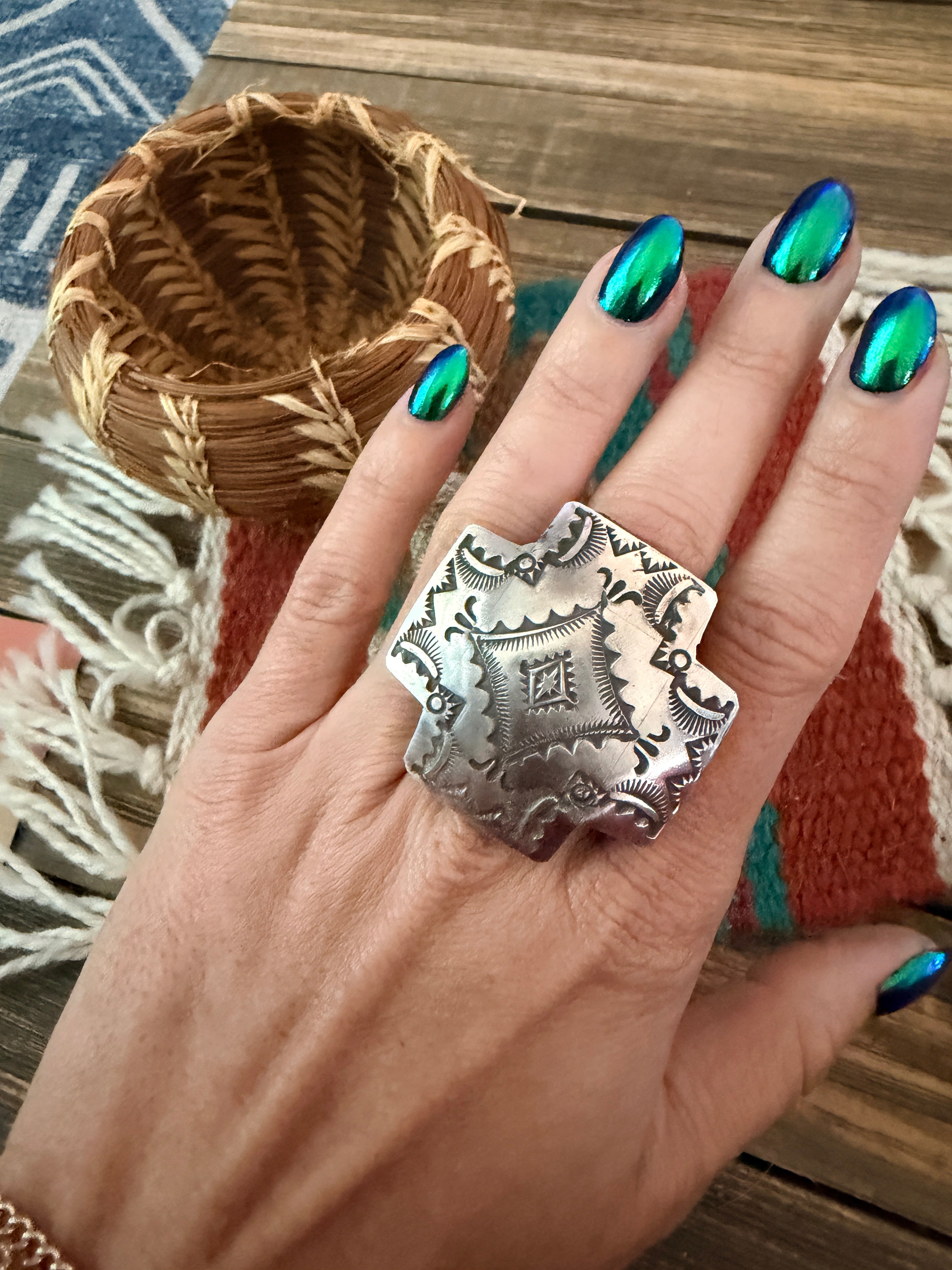 Handcrafted Sterling Silver Adjustable Cross Concho Ring by Vincent Platero
