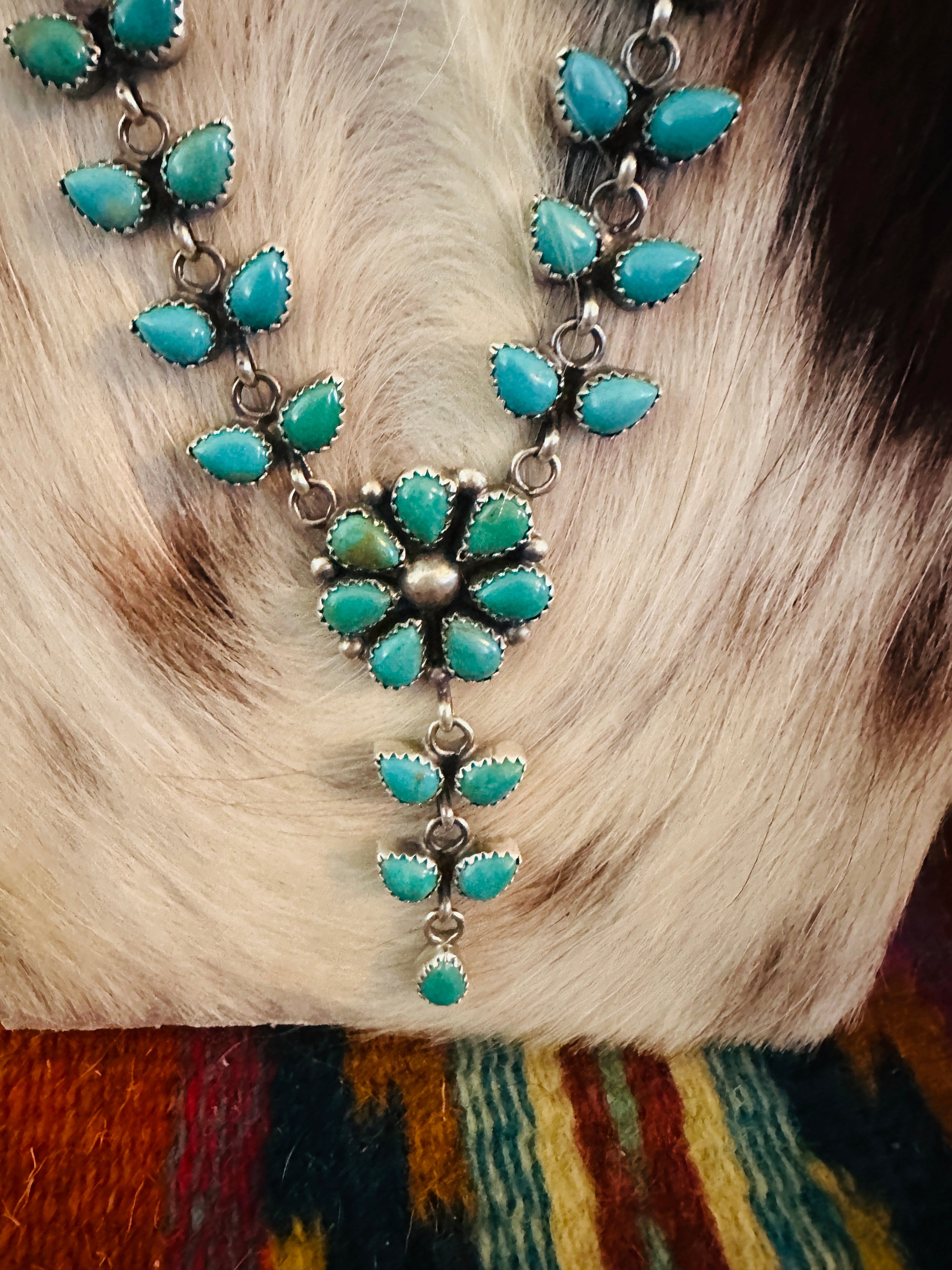 Handcrafted Turquoise & Sterling Silver Flower Cluster Necklace by Pearlene Spencer