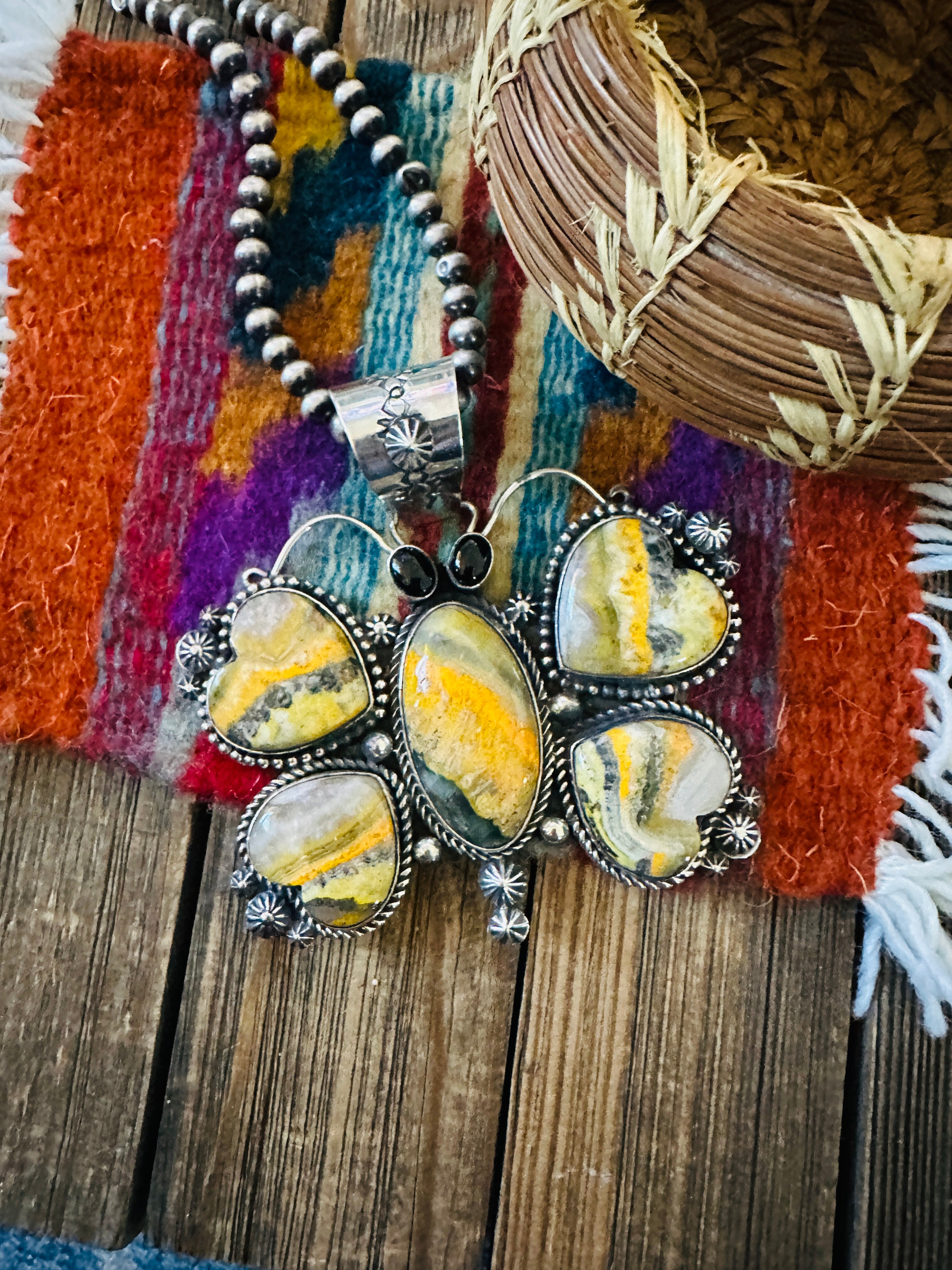 Handcrafted Sterling Silver, Bumblebee & Onyx Butterfly Pendant by Rosella Paxson