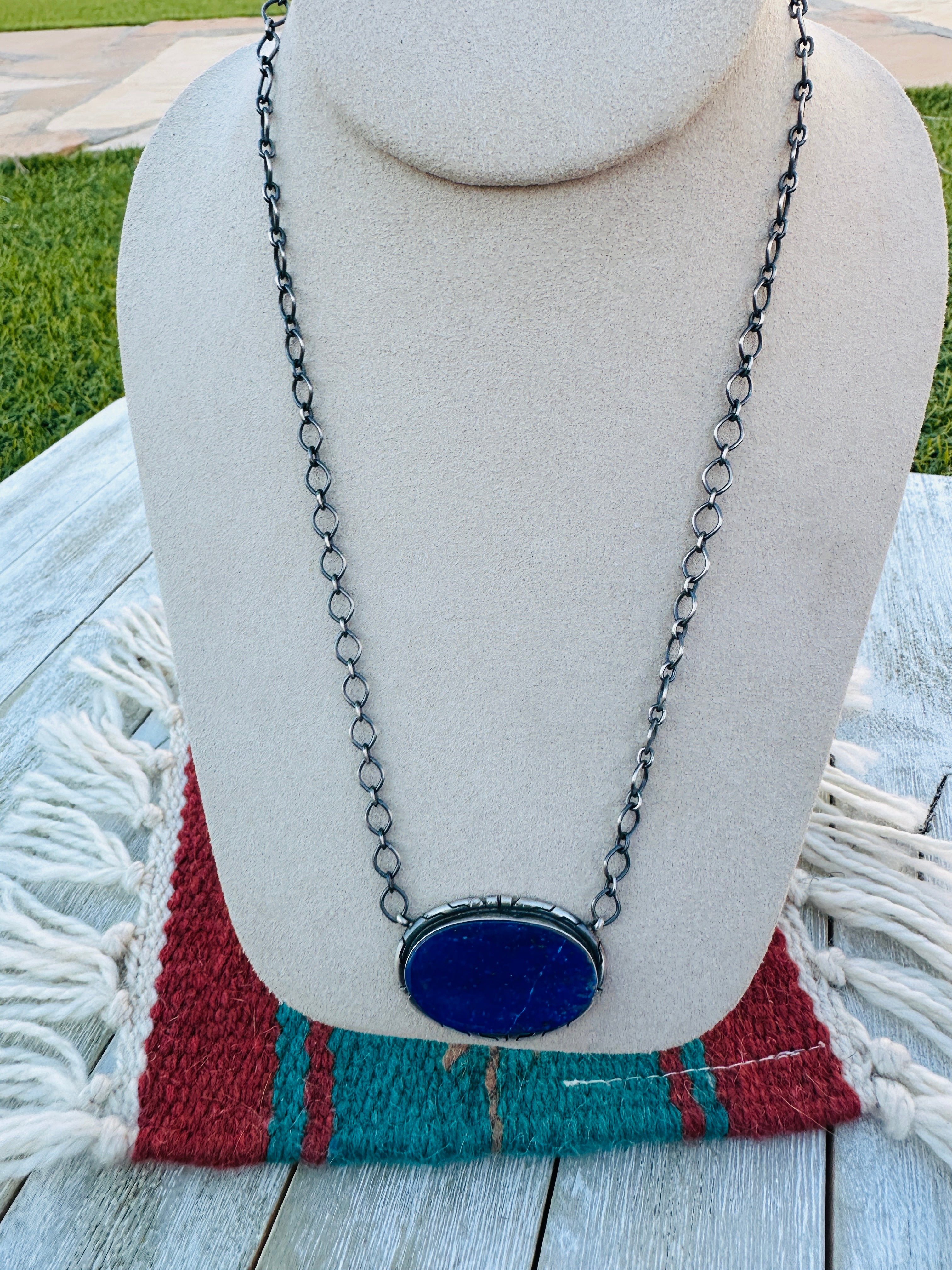 Handcrafted Sterling Silver 18” Link Chain & Lapis Lazuli Necklace