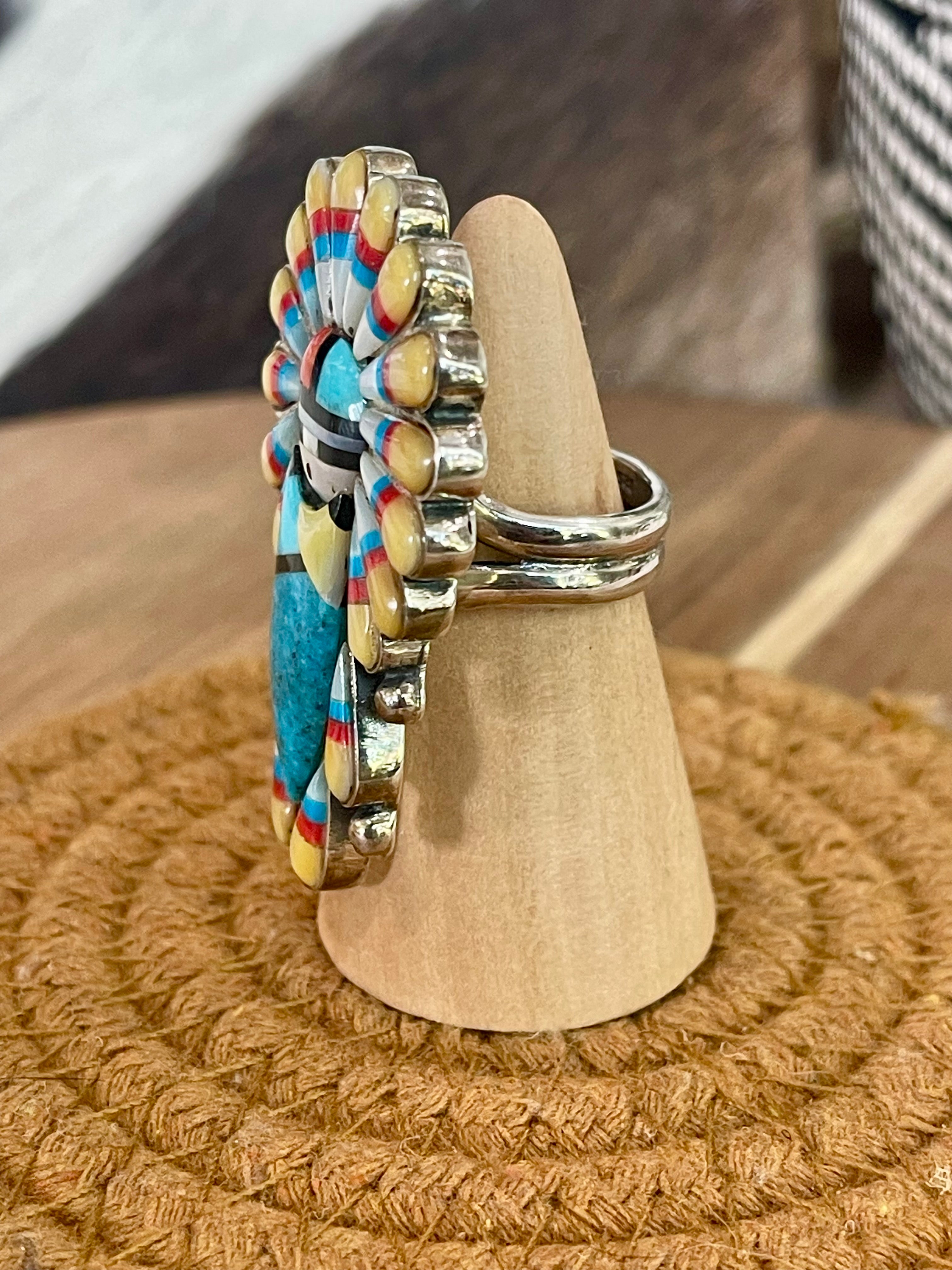 Handmade Sterling Silver & Multi Stone Sunface Adjustable Ring