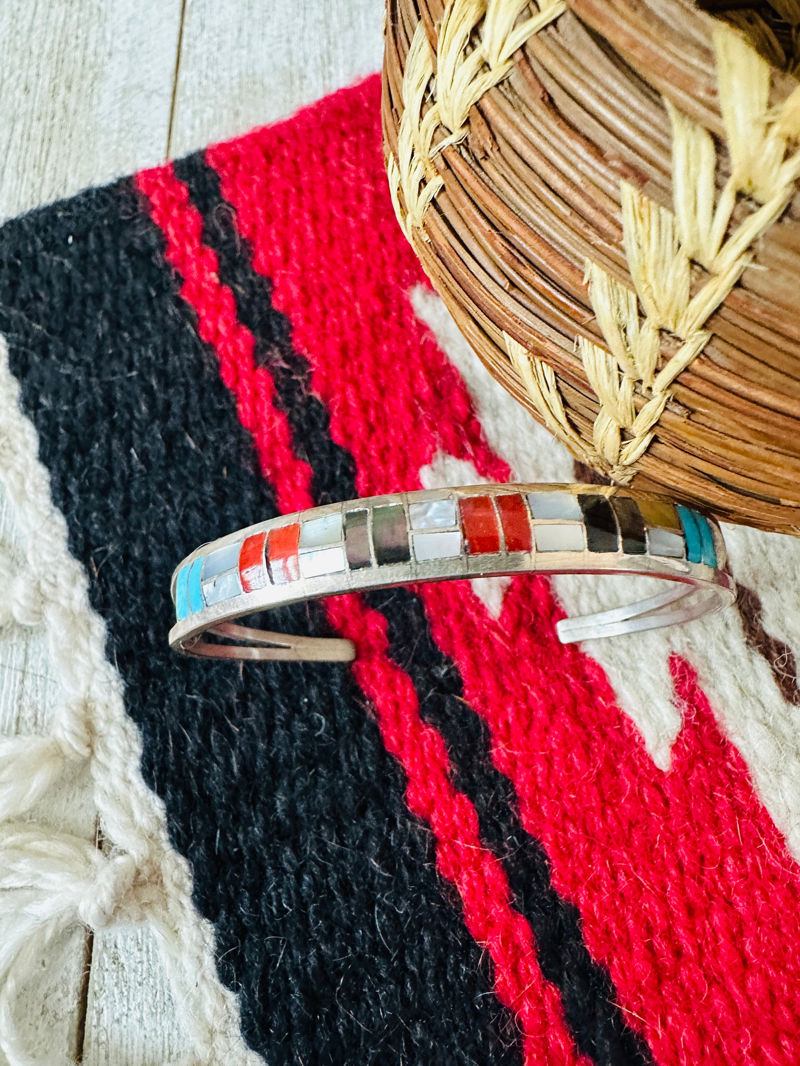 Handcrafted Multi Stone & Sterling Silver Inlay Cuff Bracelet